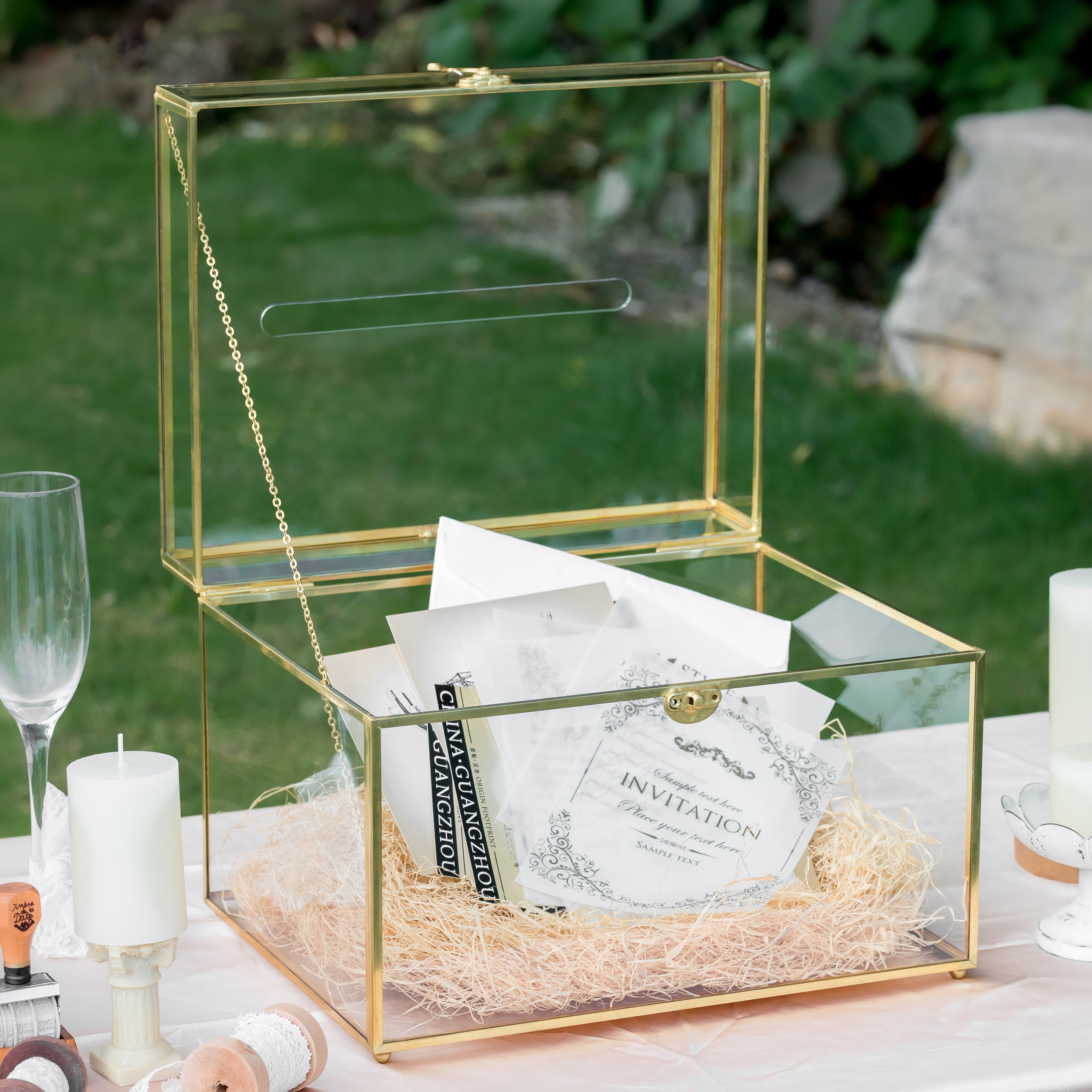 12"Large Gold Foot Rectangle with Slot  Geometric Glass Card Box Keepsake Recipe Reception Envelope Holder Display Gift with Swing Lid Latch - NCYPgarden