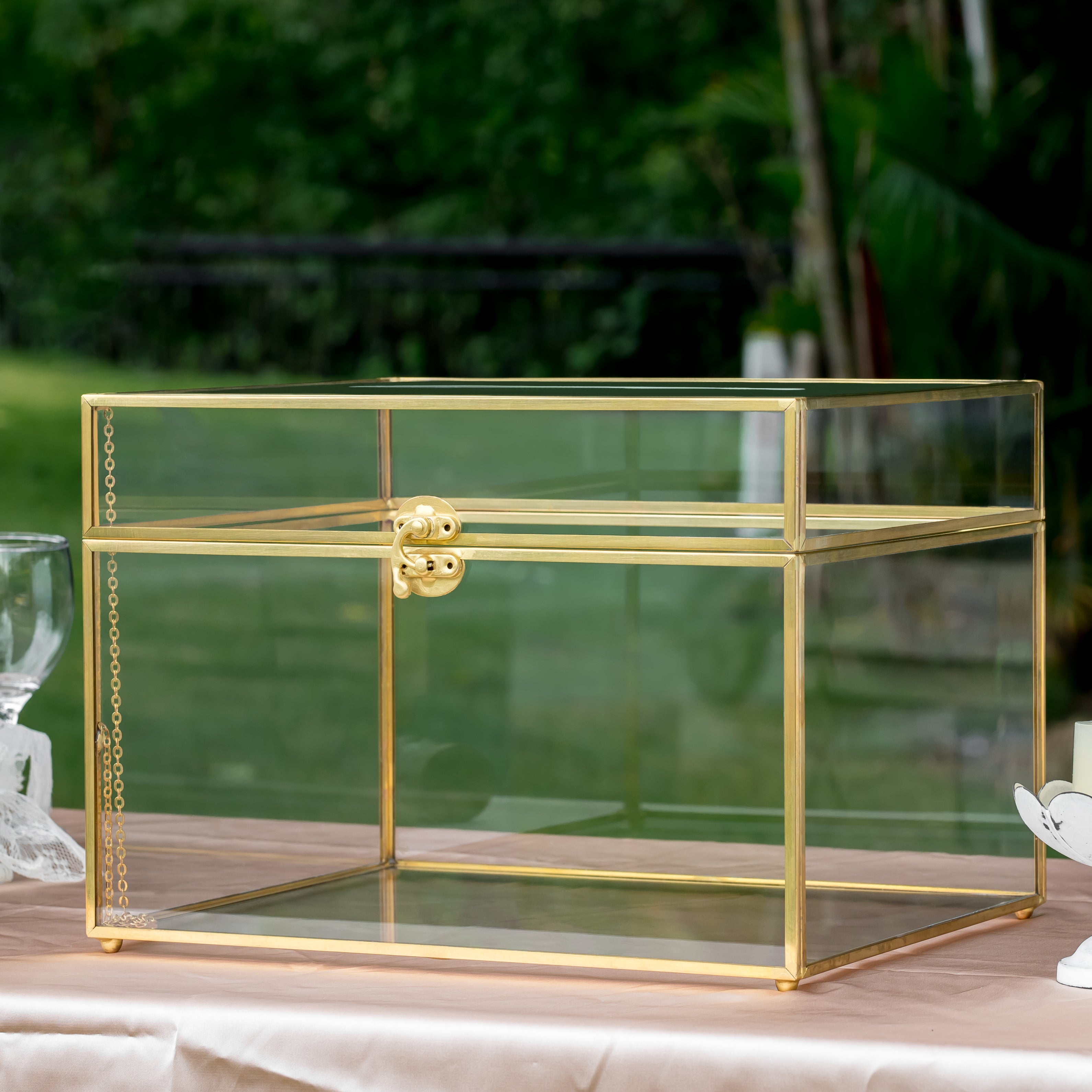 12"Large Gold Foot Rectangle with Slot  Geometric Glass Card Box Keepsake Recipe Reception Envelope Holder Display Gift with Swing Lid Latch - NCYPgarden