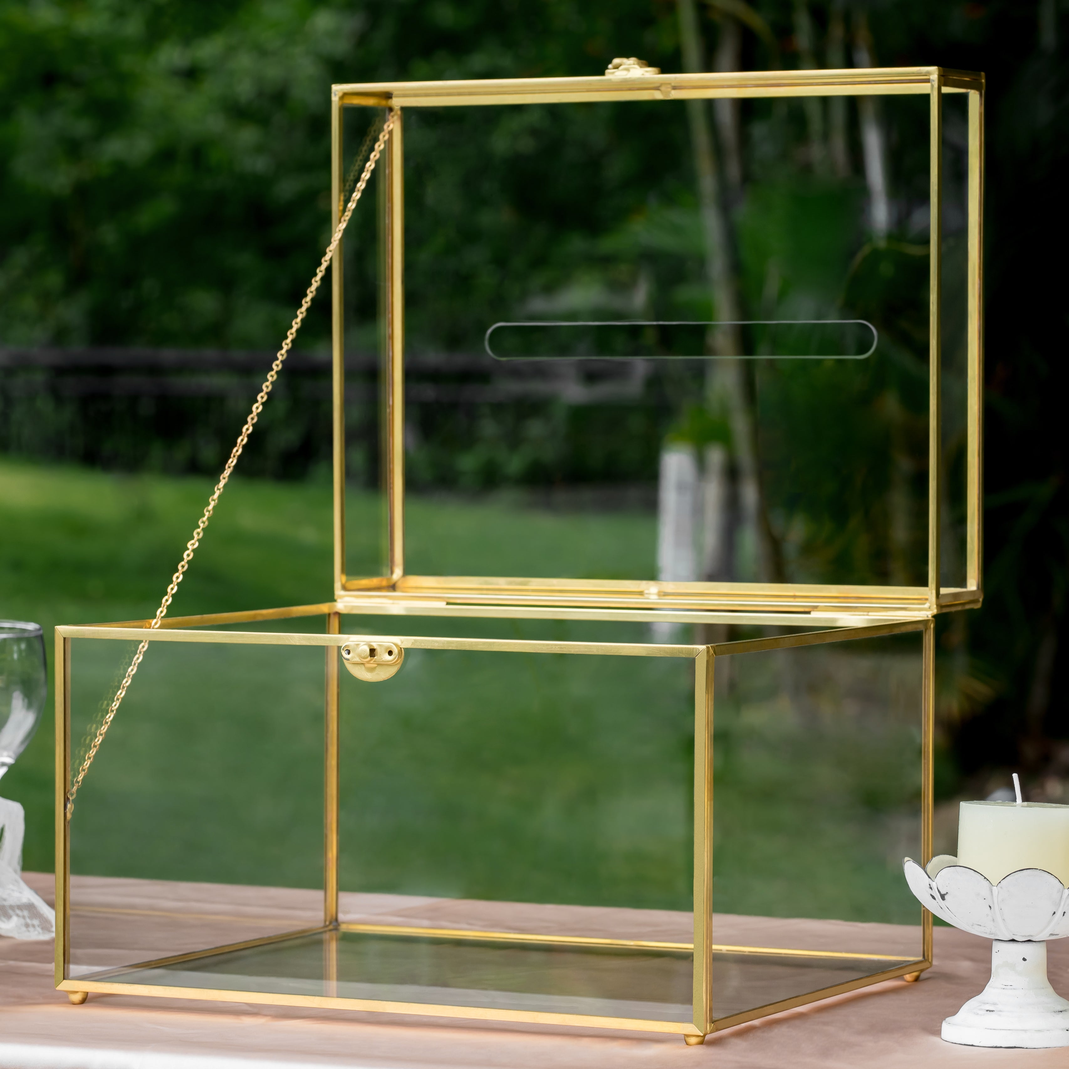 12"Large Gold Foot Rectangle with Slot  Geometric Glass Card Box Keepsake Recipe Reception Envelope Holder Display Gift with Swing Lid Latch - NCYPgarden