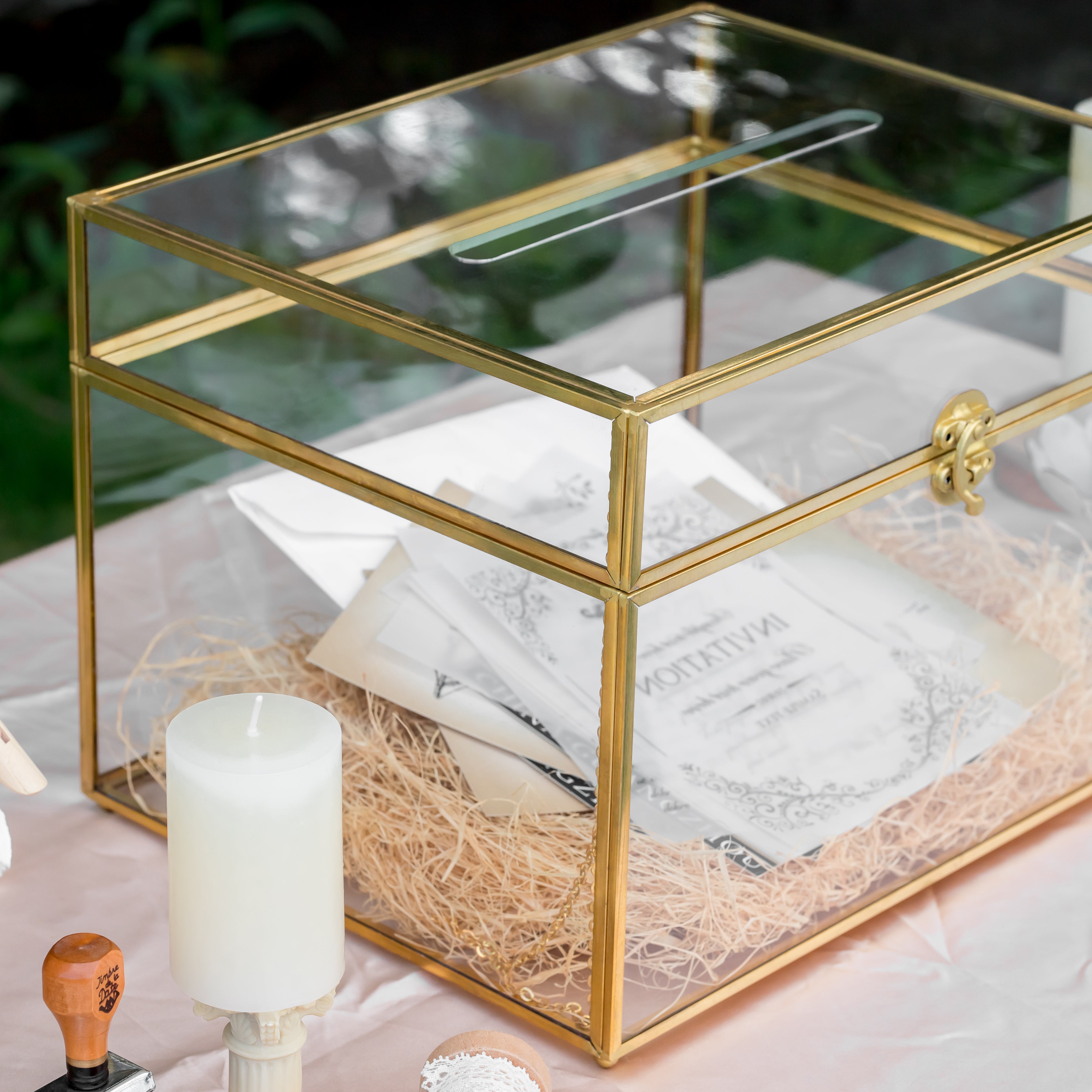 12"Large Gold Foot Rectangle with Slot  Geometric Glass Card Box Keepsake Recipe Reception Envelope Holder Display Gift with Swing Lid Latch - NCYPgarden