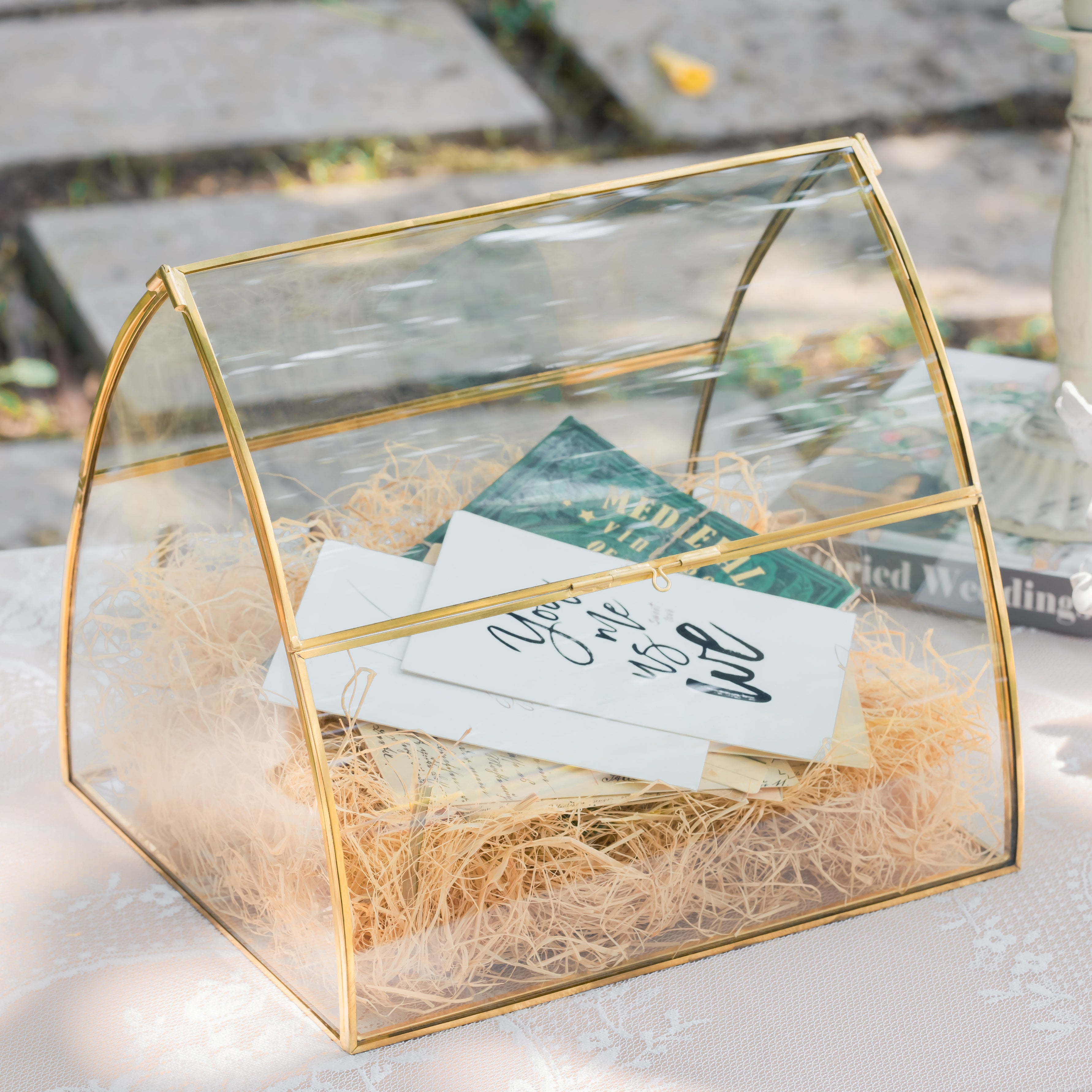 House Shape Arched Curved Roof Vintage Glass Card Box Terrarium, Handmade Brass for Wedding Receiption Wishwell Keepsake - NCYPgarden