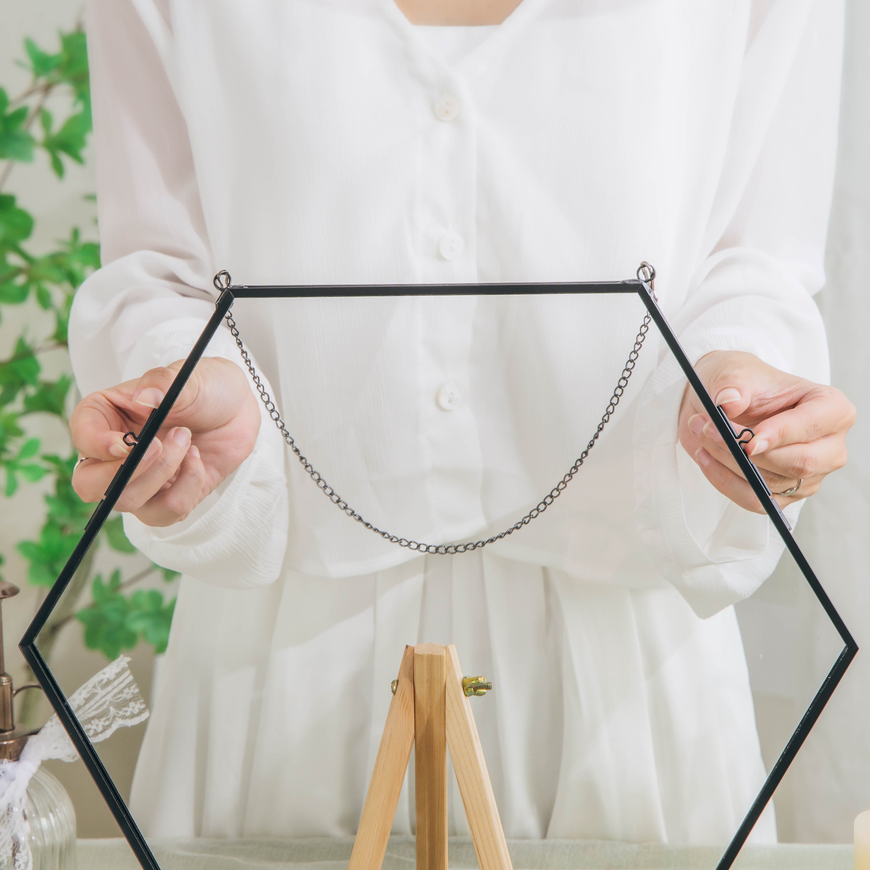 Wall Hanging Black Hexagon 12" Herbarium Brass Glass Frame for Thick Pressed Flowers, Dried Flowers, Poster, Coin, Double Glass, floating - NCYPgarden