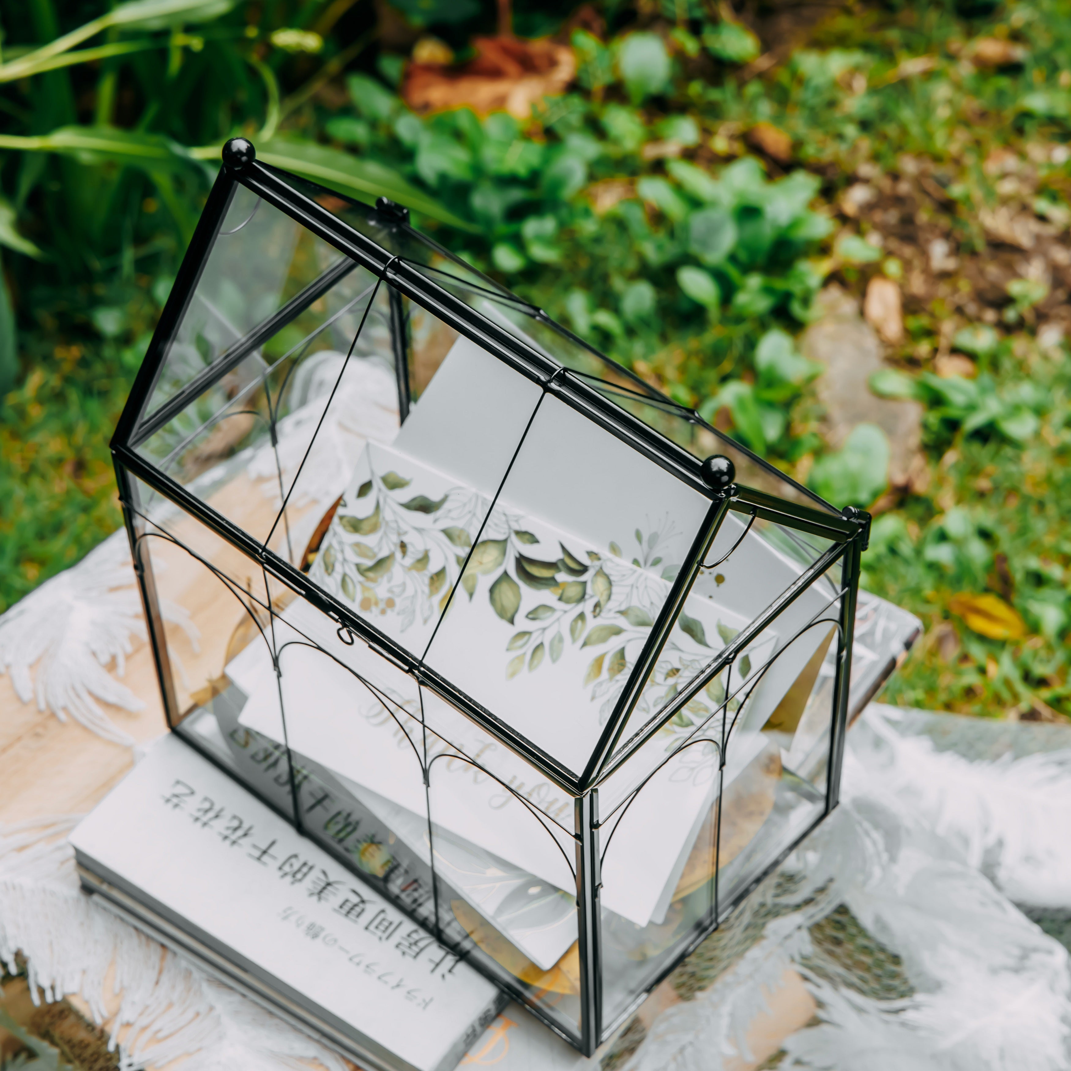 Vintage House Glass Geometric Terrarium Card Box Black - NCYPgarden