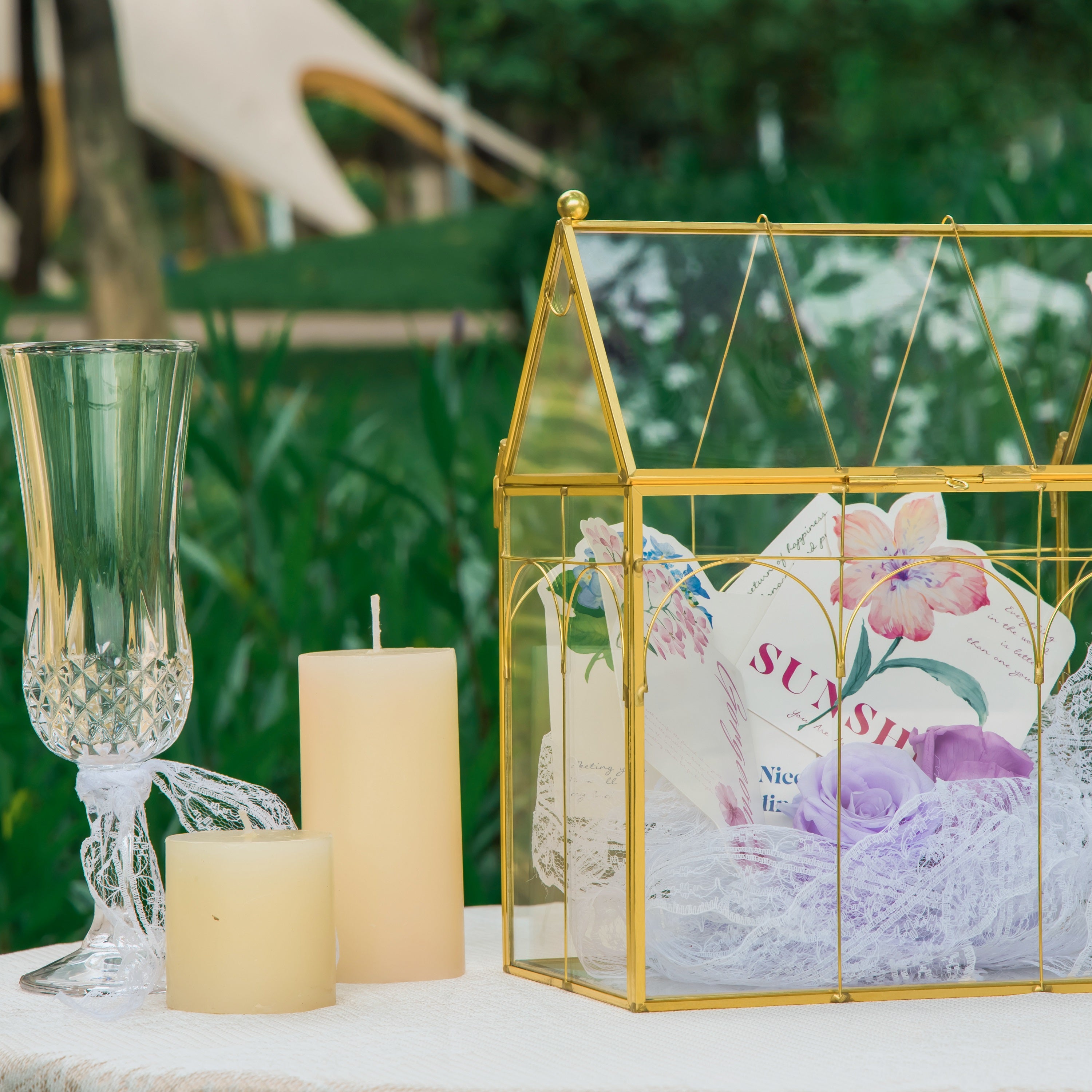 Vintage House Glass Geometric Terrarium Card Box Gold for wedding, graduation, baby shower - NCYPgarden