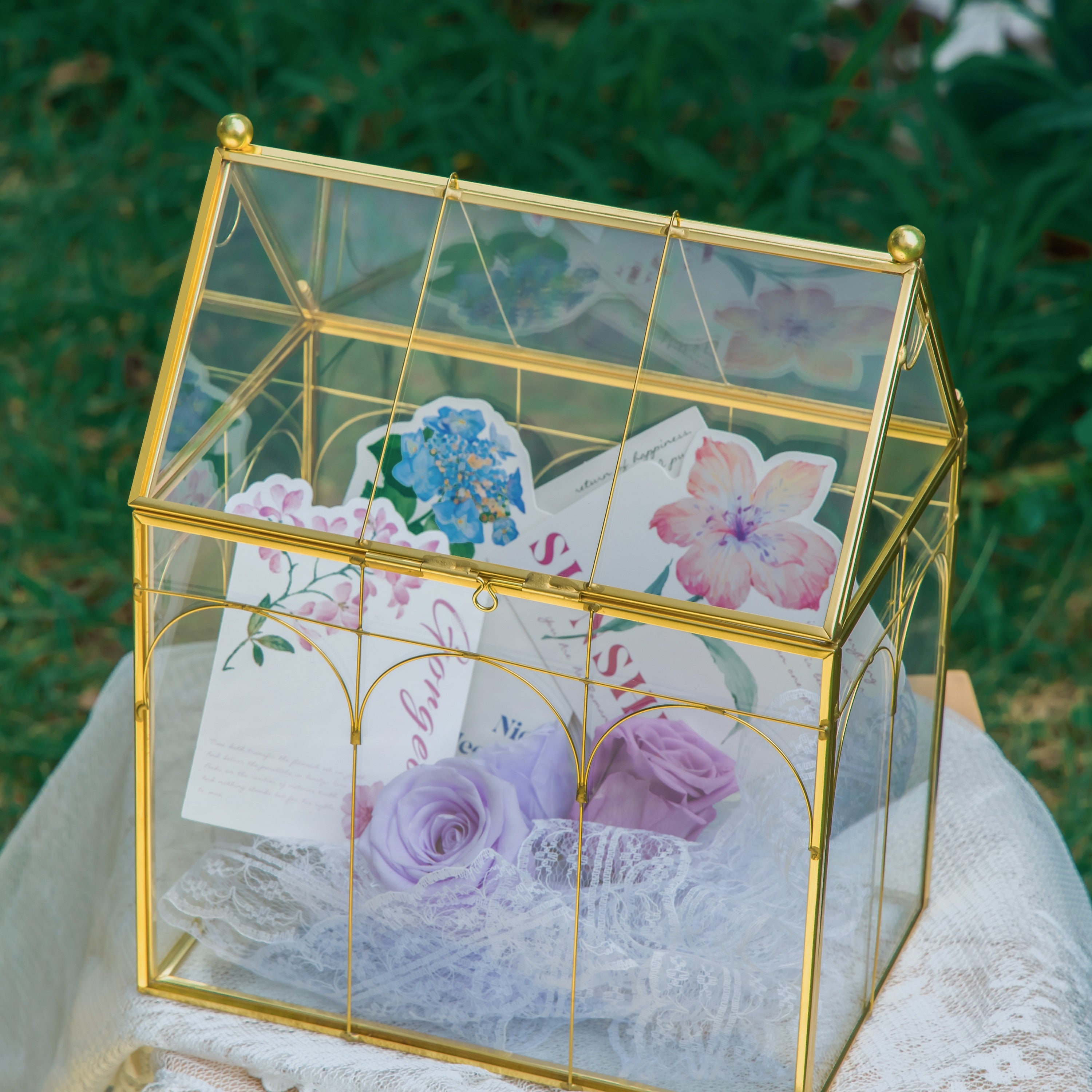 Vintage House Glass Geometric Terrarium Card Box Gold for wedding, graduation, baby shower - NCYPgarden