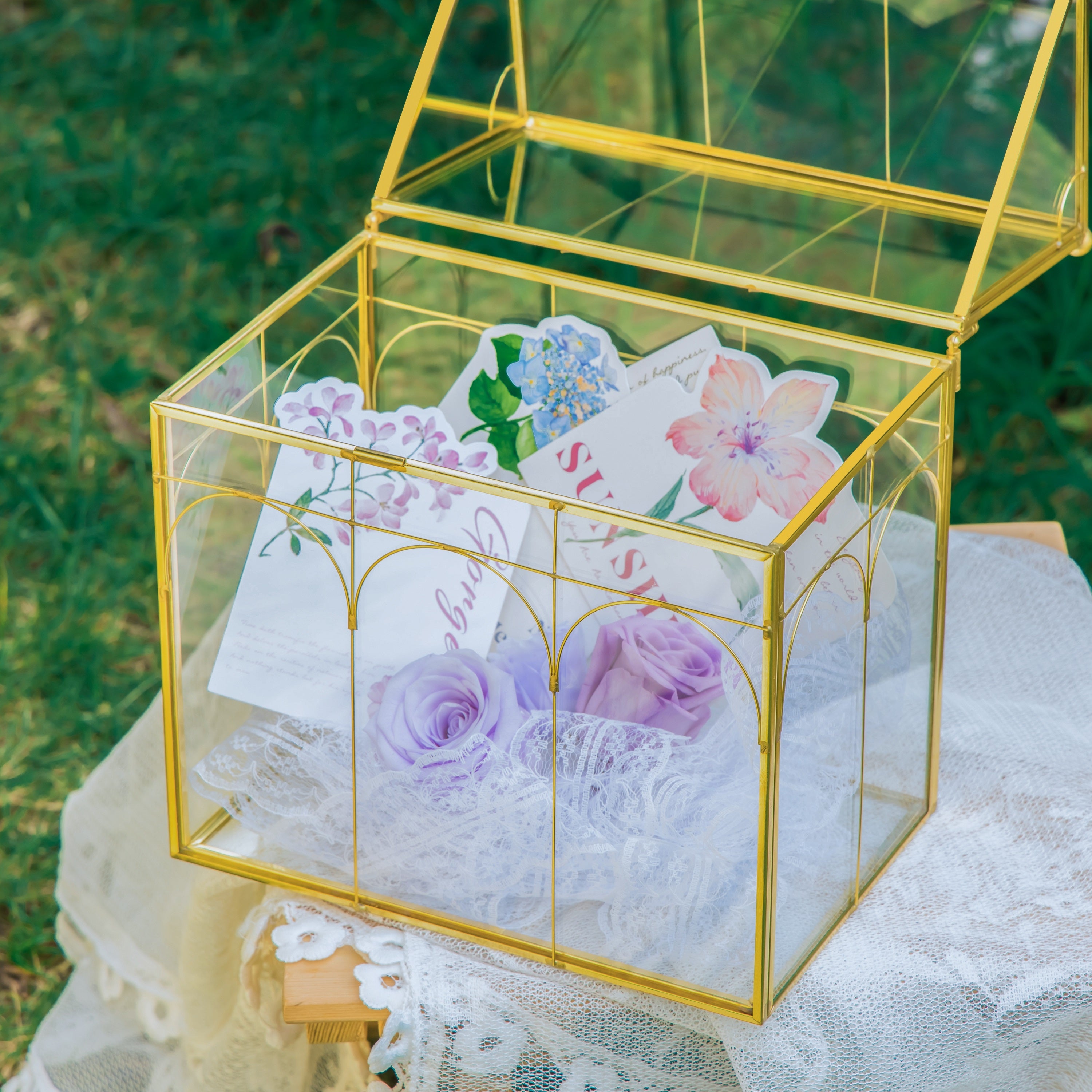 Vintage House Glass Geometric Terrarium Card Box Gold for wedding, graduation, baby shower - NCYPgarden