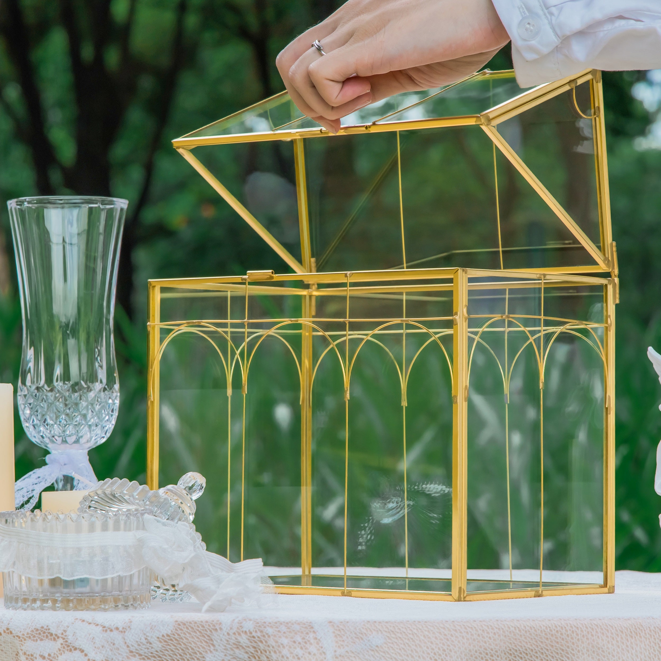 Vintage House Glass Geometric Terrarium Card Box Gold for wedding, graduation, baby shower - NCYPgarden