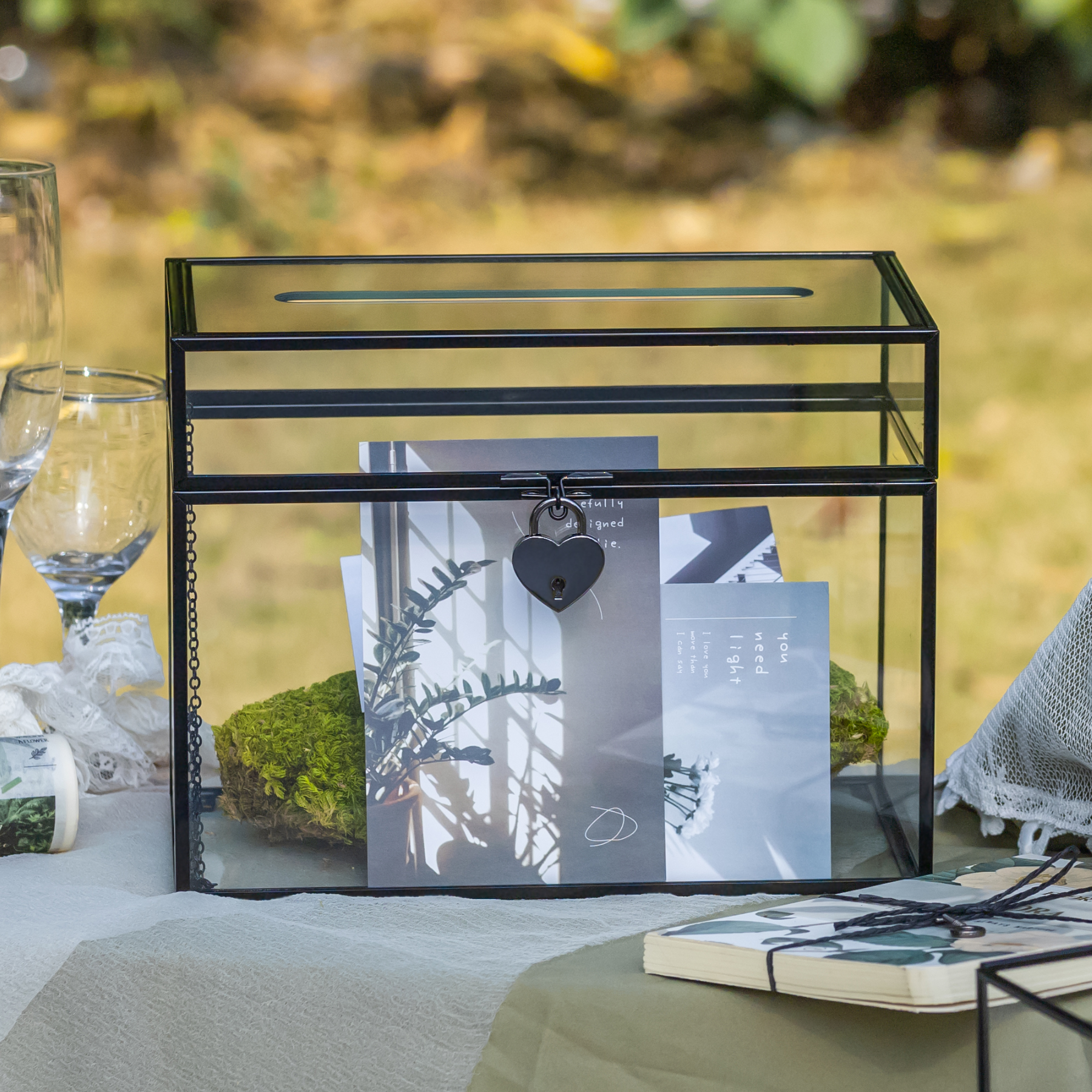 Lockable Black Geometric Glass Card Box Terrarium Foot Handmade Rectangular for Wedding Reception Wishwell Keepsake - NCYPgarden