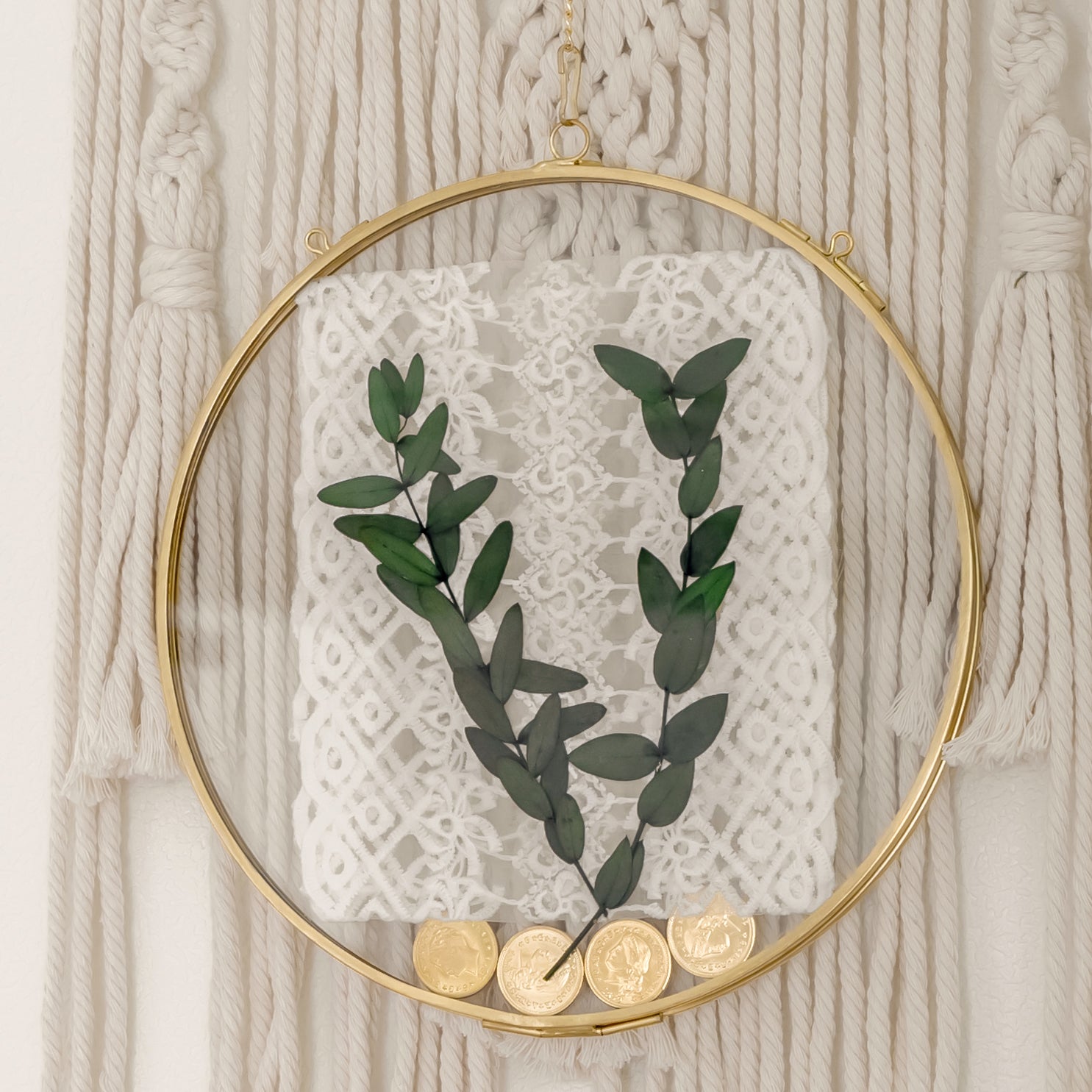 Wall Hanging Round 8" Herbarium Brass Glass Frame for Thick Pressed Flowers, Dried Flowers, Poster, Coin, Double Glass, floating Frame - NCYPgarden