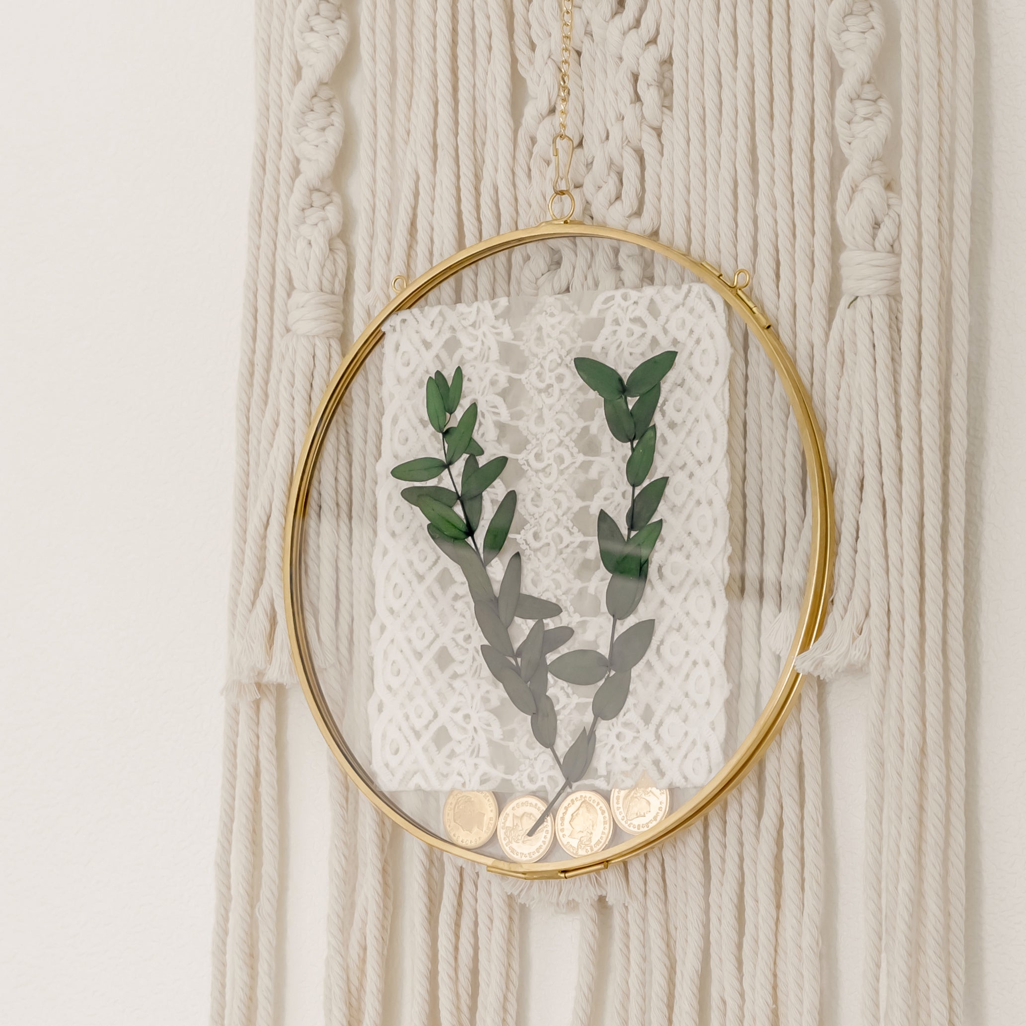 Wall Hanging Round 8" Herbarium Brass Glass Frame for Thick Pressed Flowers, Dried Flowers, Poster, Coin, Double Glass, floating Frame - NCYPgarden