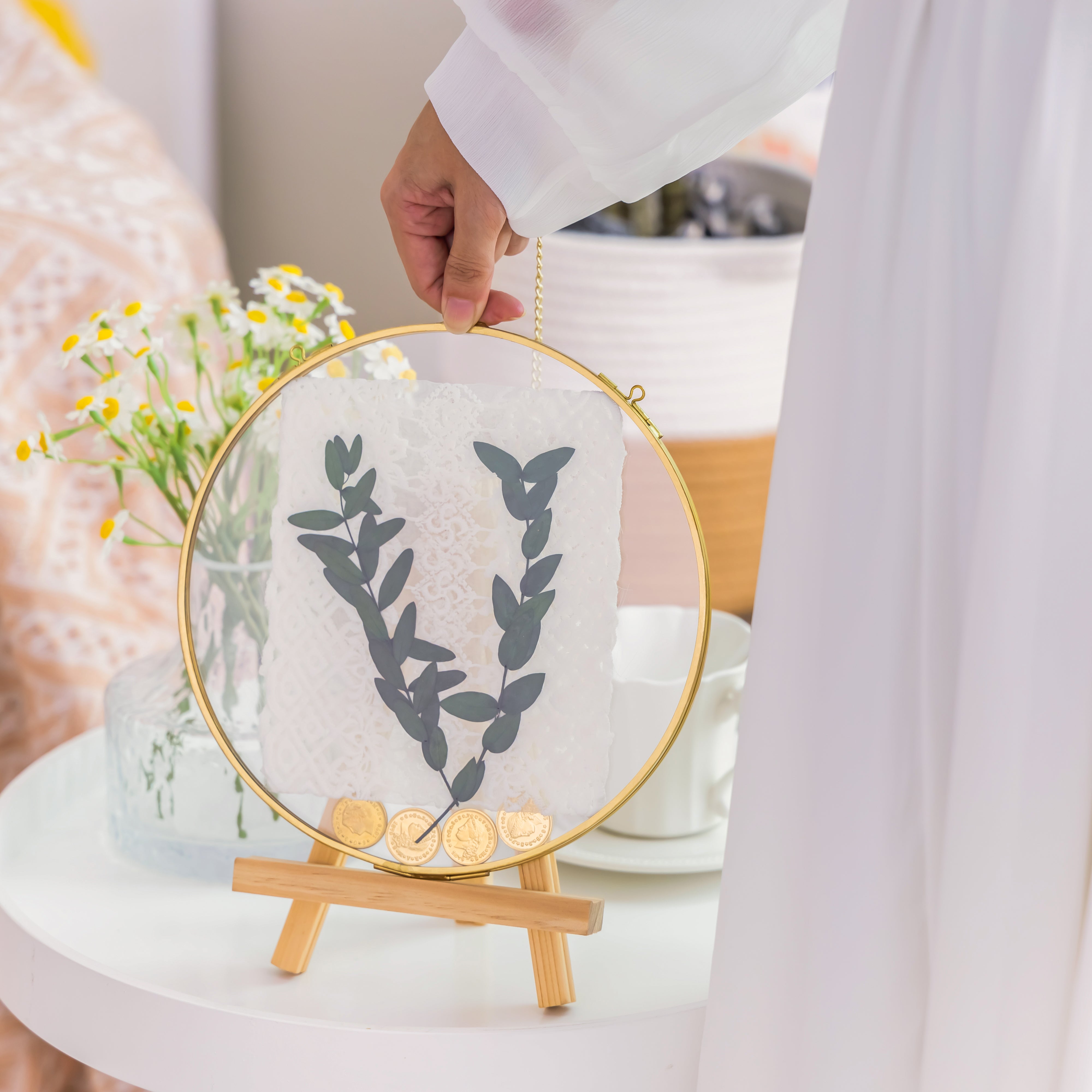 Wall Hanging Round 8" Herbarium Brass Glass Frame for Thick Pressed Flowers, Dried Flowers, Poster, Coin, Double Glass, floating Frame - NCYPgarden