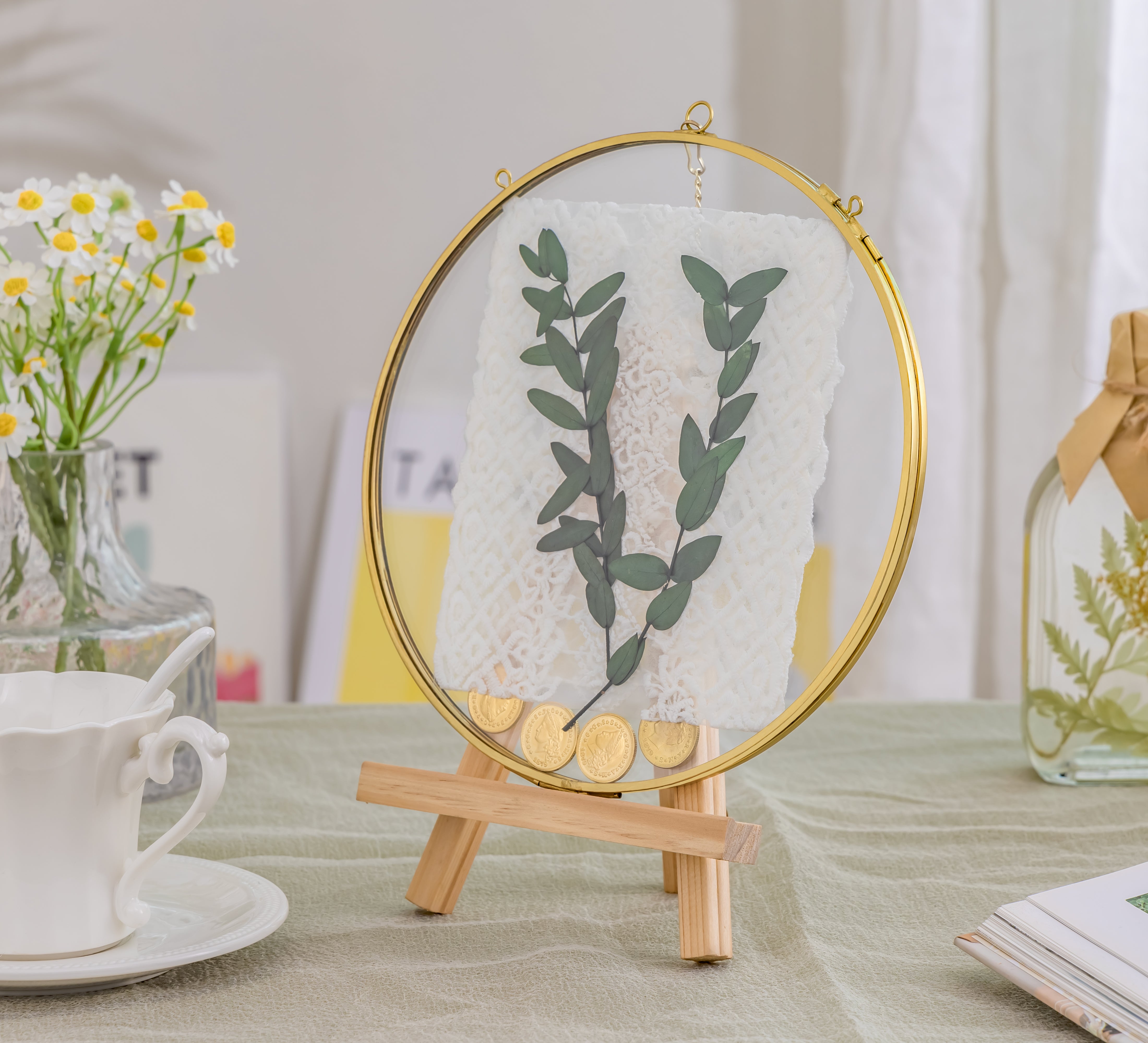 Wall Hanging Round 8" Herbarium Brass Glass Frame for Thick Pressed Flowers, Dried Flowers, Poster, Coin, Double Glass, floating Frame - NCYPgarden