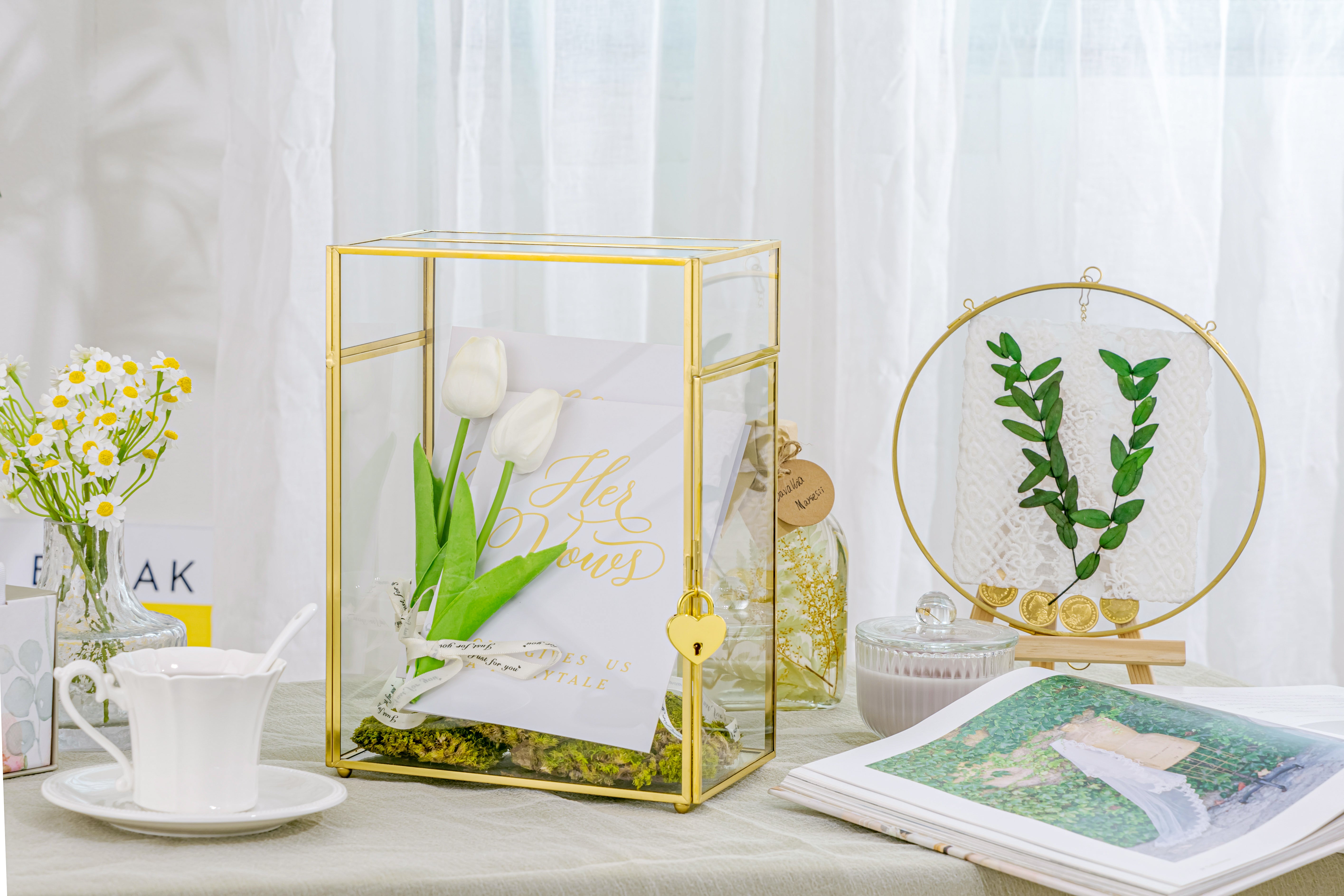 NCYP Glass Cards Box for Wedding Reception - Rectangle Glass Box with Slot and Lock for Money, Envelopes - Birthdays Party Tabletop Decor, 8" x 5.5" x 11.3" Gold, Clear (Card Box Only) - NCYPgarden