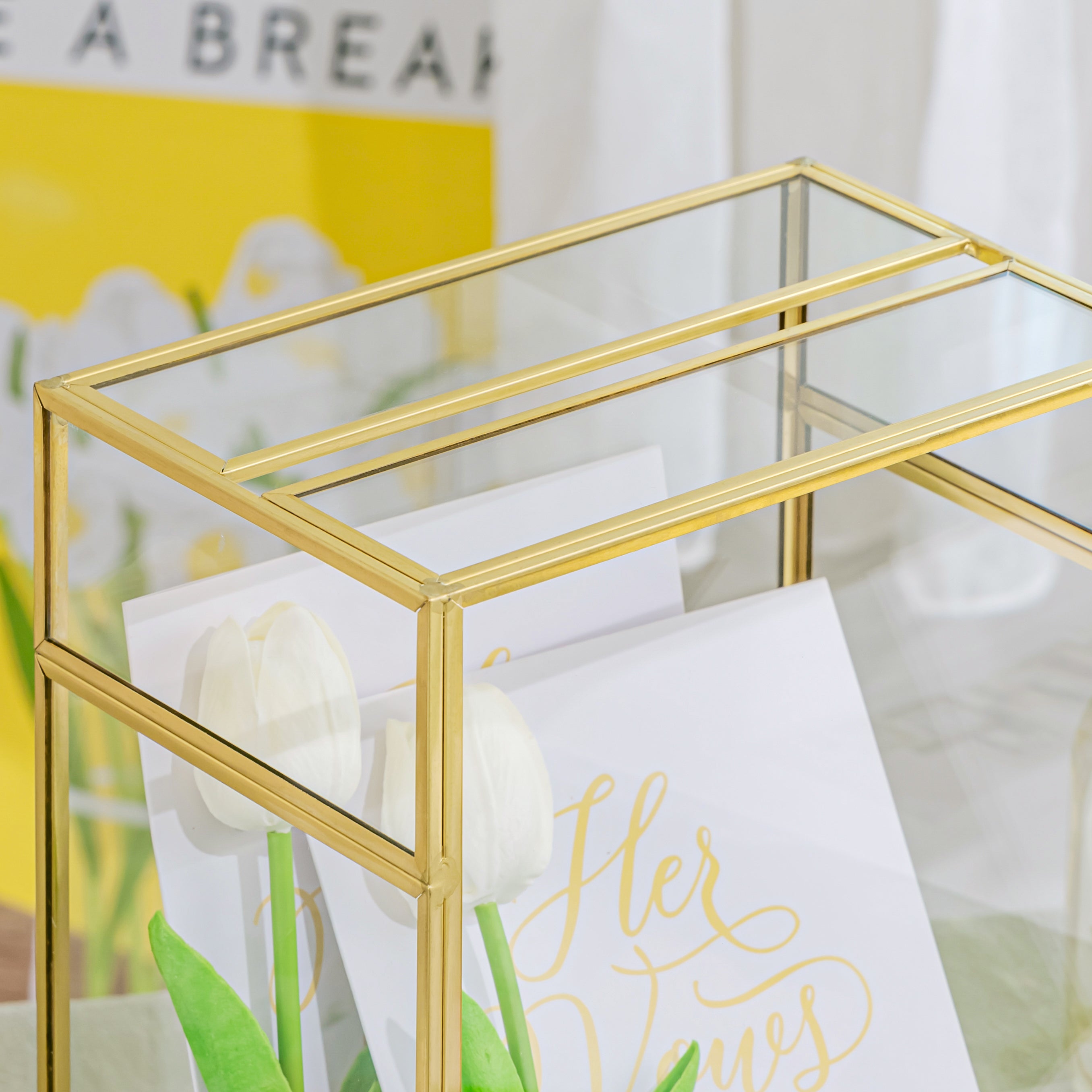 NCYP Glass Cards Box for Wedding Reception - Rectangle Glass Box with Slot and Lock for Money, Envelopes - Birthdays Party Tabletop Decor, 8" x 5.5" x 11.3" Gold, Clear (Card Box Only) - NCYPgarden