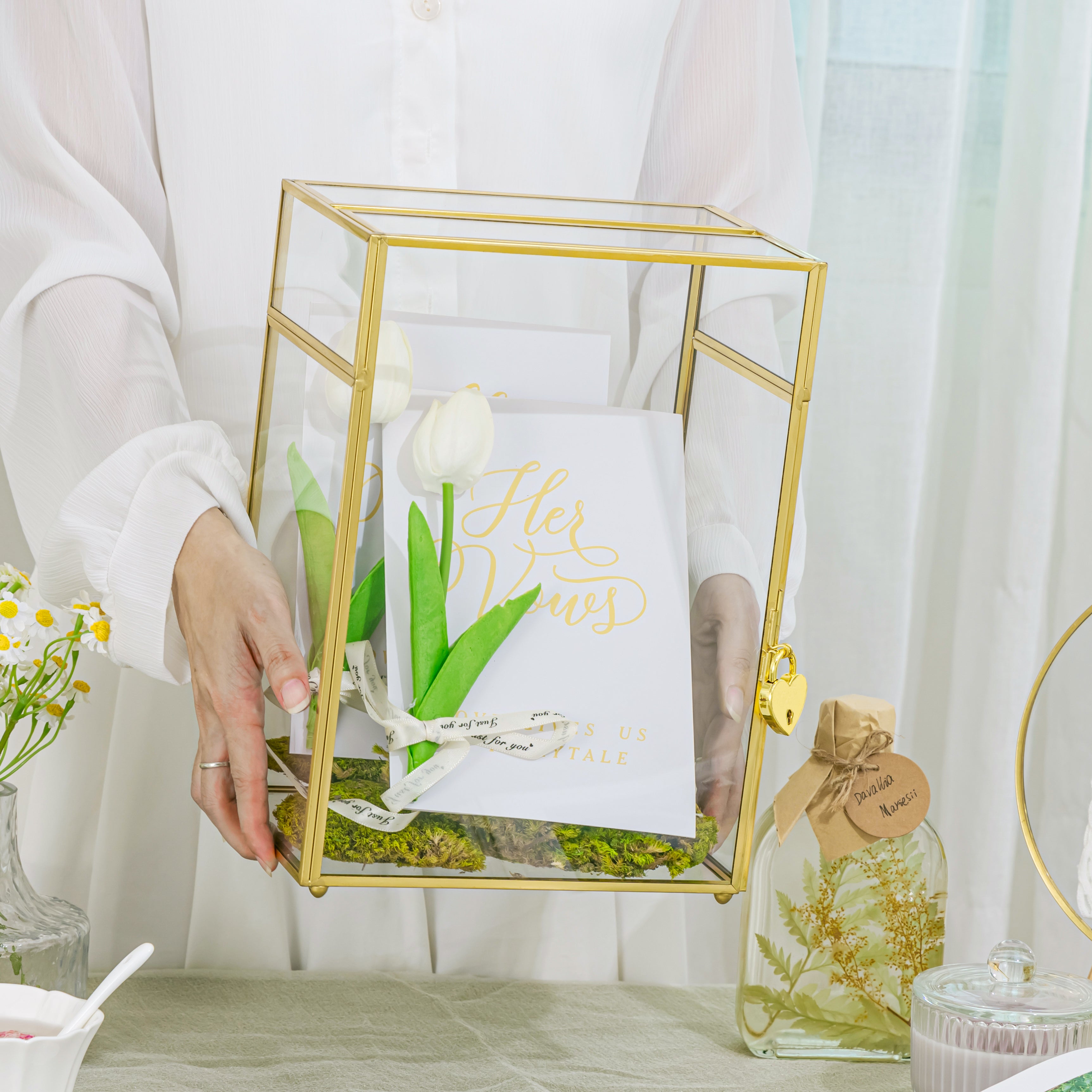 NCYP Glass Cards Box for Wedding Reception - Rectangle Glass Box with Slot and Lock for Money, Envelopes - Birthdays Party Tabletop Decor, 8" x 5.5" x 11.3" Gold, Clear (Card Box Only) - NCYPgarden