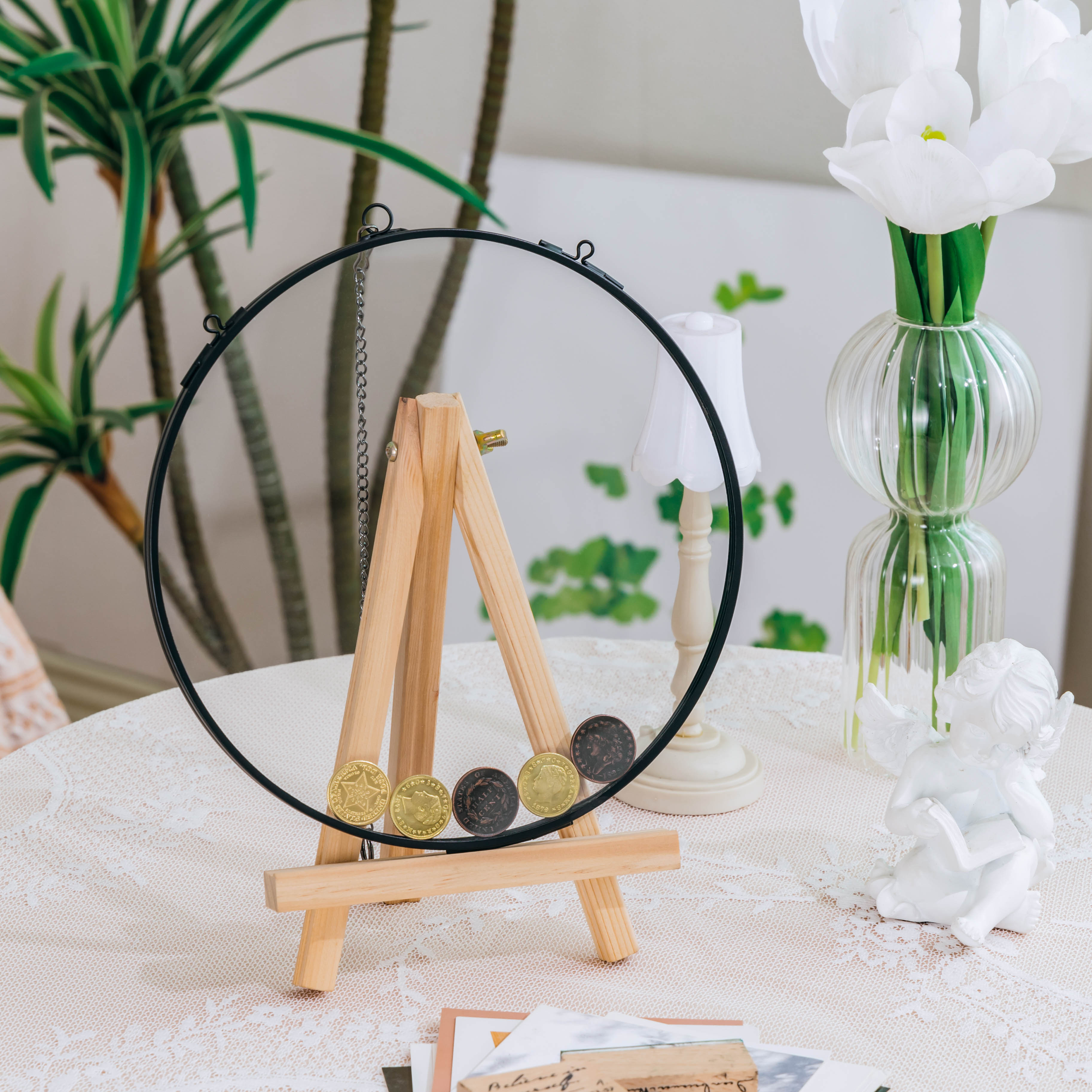 Wall Hanging Black Round 8" Herbarium Brass Glass Frame for Thick Pressed Flowers, Dried Flowers, Poster, Coin, Double Glass, floating Frame - NCYPgarden