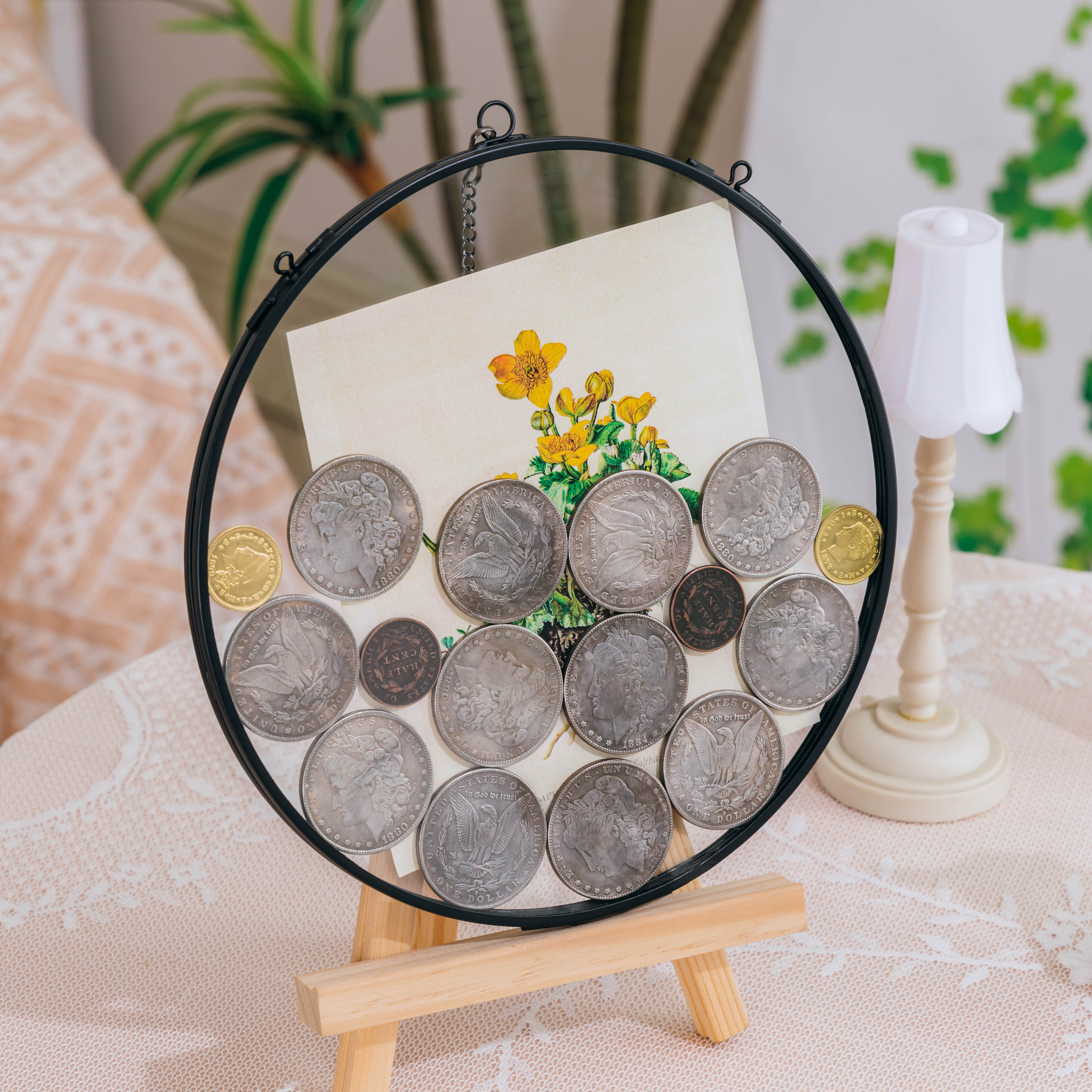 Wall Hanging Black Round 8" Herbarium Brass Glass Frame for Thick Pressed Flowers, Dried Flowers, Poster, Coin, Double Glass, floating Frame - NCYPgarden