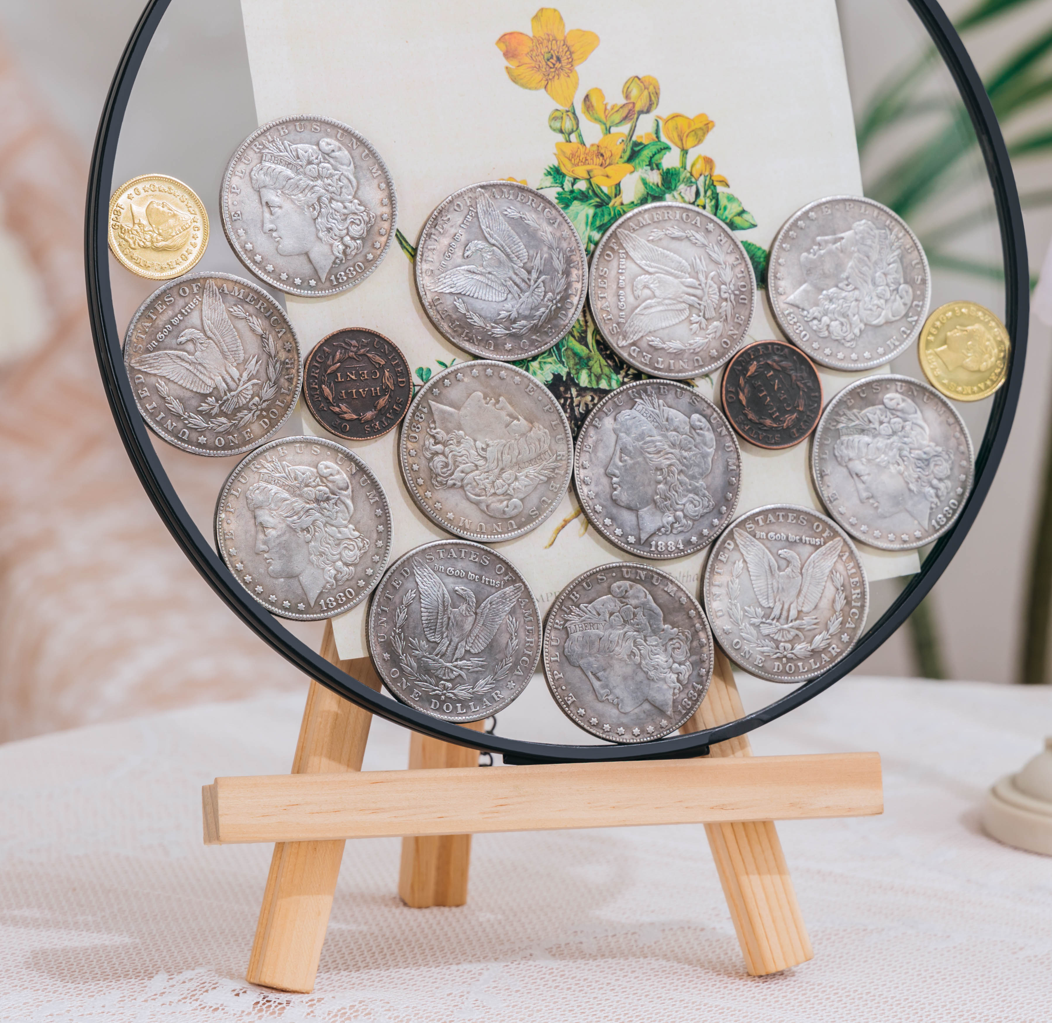 Wall Hanging Black Round 8" Herbarium Brass Glass Frame for Thick Pressed Flowers, Dried Flowers, Poster, Coin, Double Glass, floating Frame - NCYPgarden