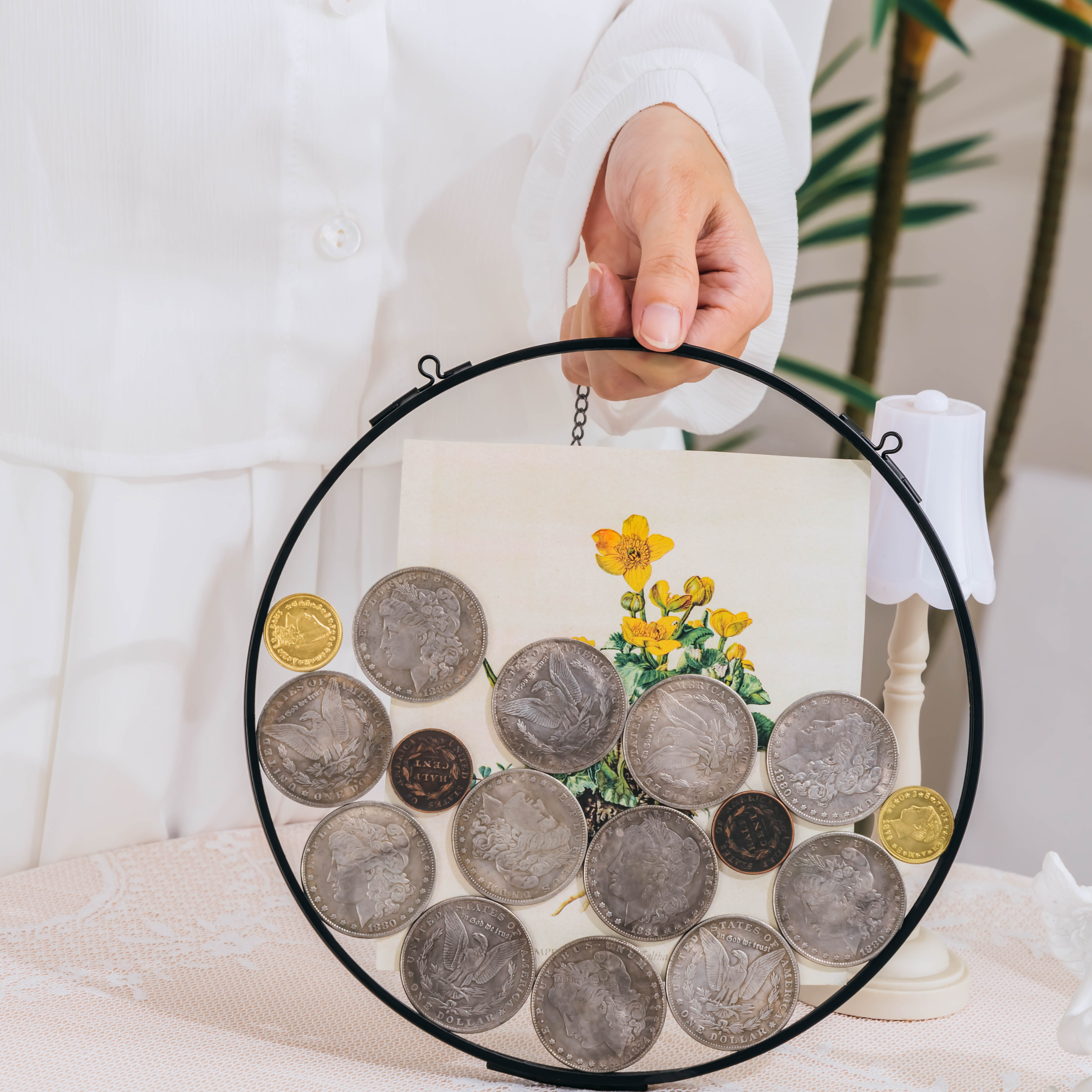 Wall Hanging Black Round 8" Herbarium Brass Glass Frame for Thick Pressed Flowers, Dried Flowers, Poster, Coin, Double Glass, floating Frame - NCYPgarden