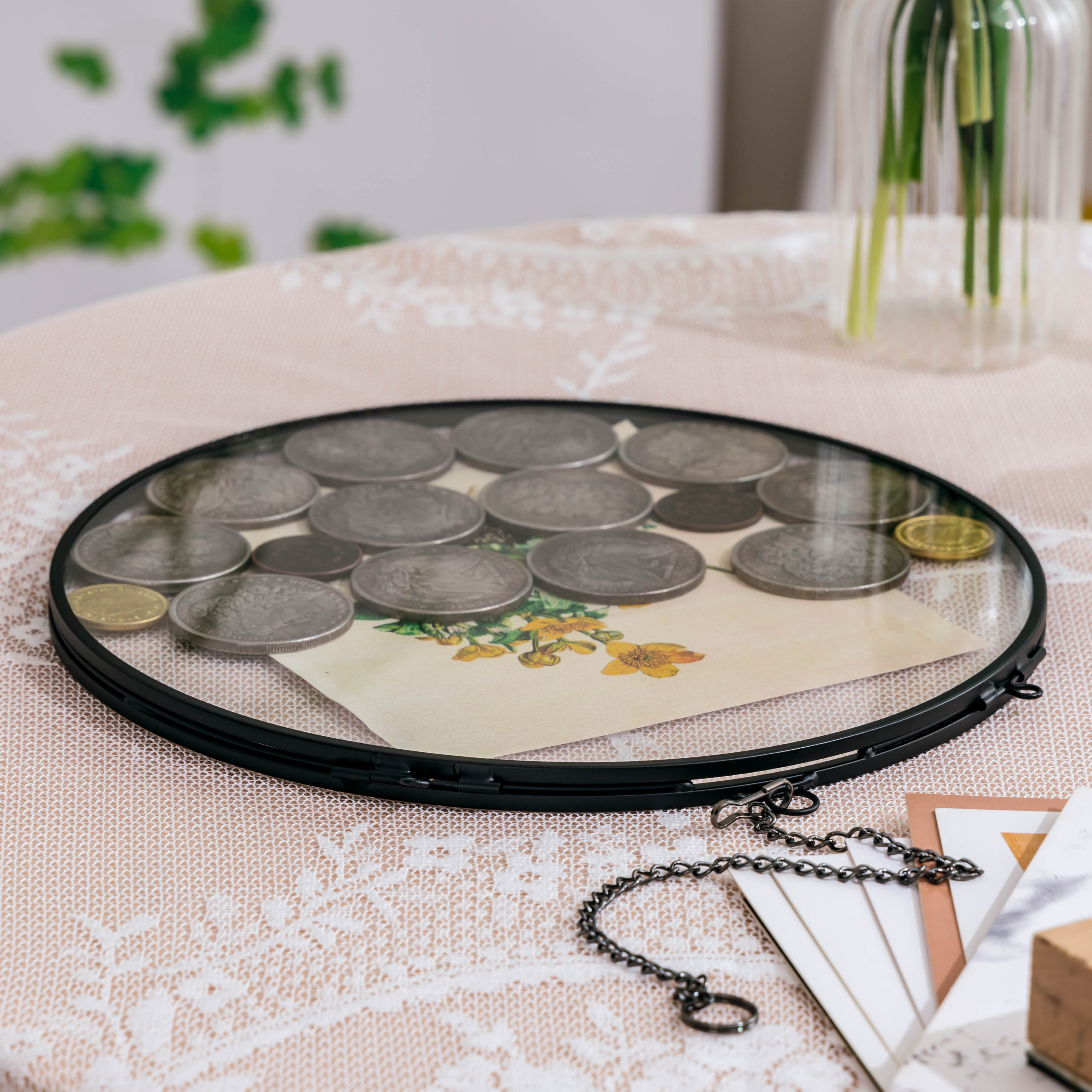 Wall Hanging Black Round 8" Herbarium Brass Glass Frame for Thick Pressed Flowers, Dried Flowers, Poster, Coin, Double Glass, floating Frame - NCYPgarden