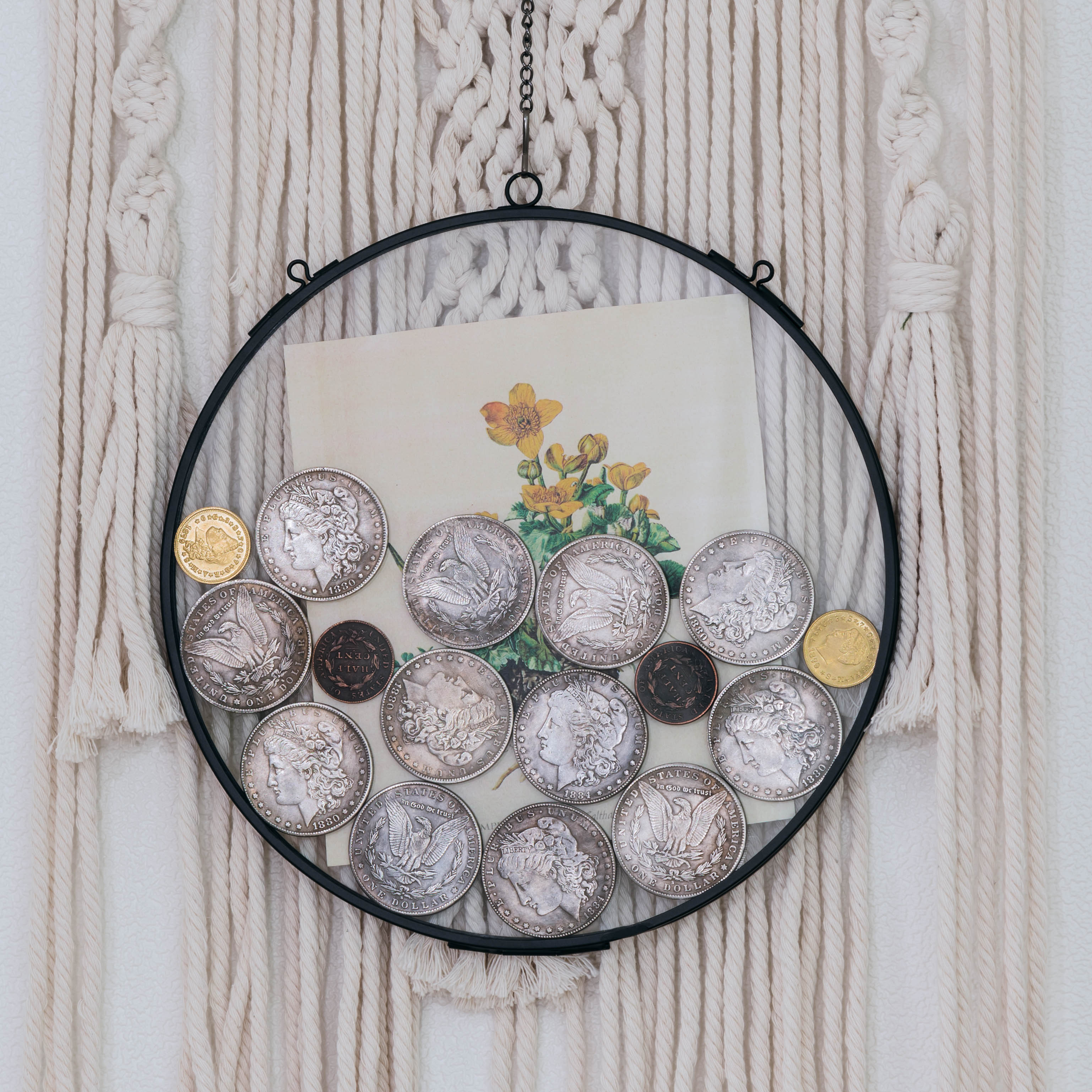 Wall Hanging Black Round 8" Herbarium Brass Glass Frame for Thick Pressed Flowers, Dried Flowers, Poster, Coin, Double Glass, floating Frame - NCYPgarden