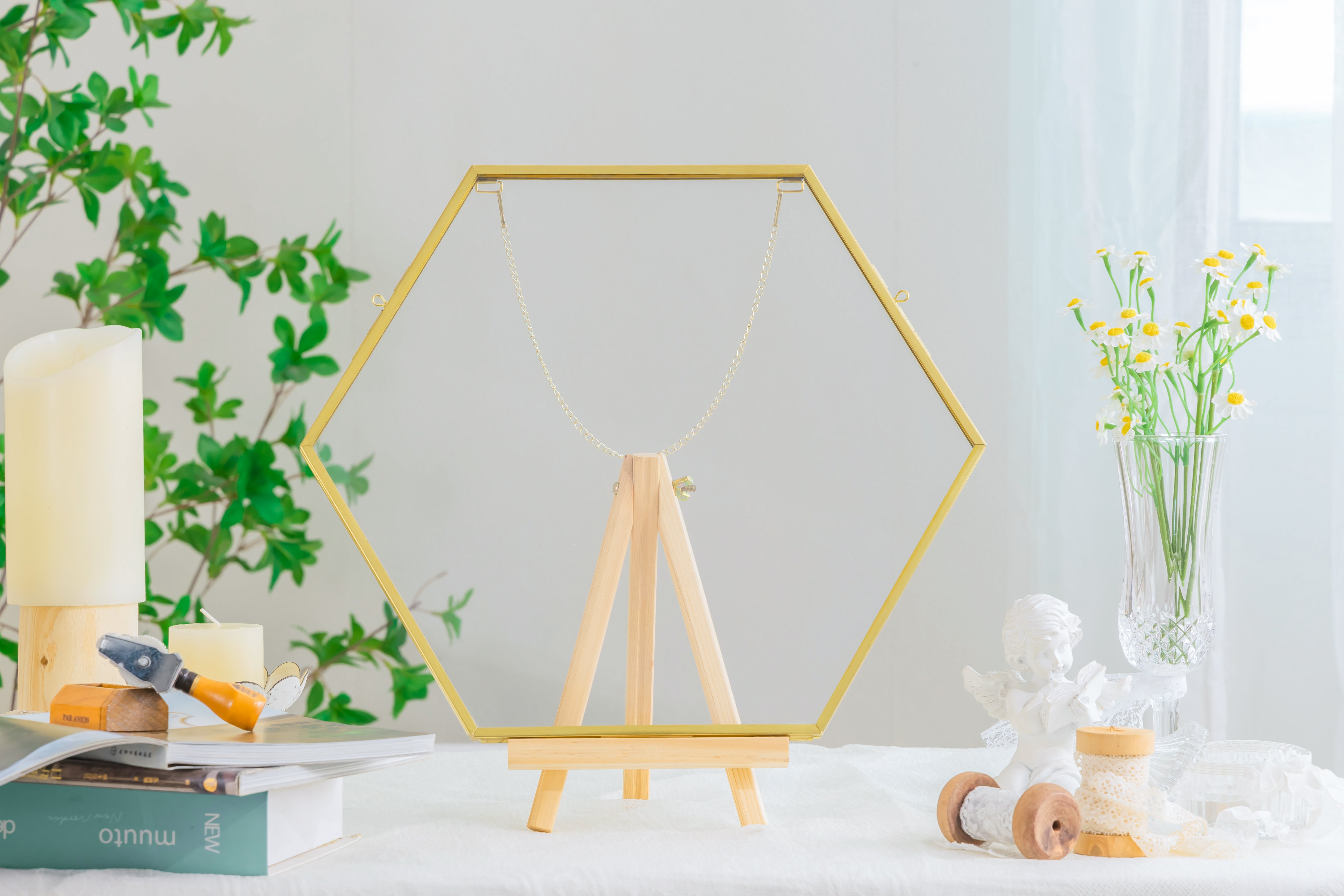 Wall Hanging Hexagon 12" Herbarium Brass Glass Frame for Thick Pressed Flowers, Dried Flowers, Poster, Coin, Double Glass, floating Frame - NCYPgarden