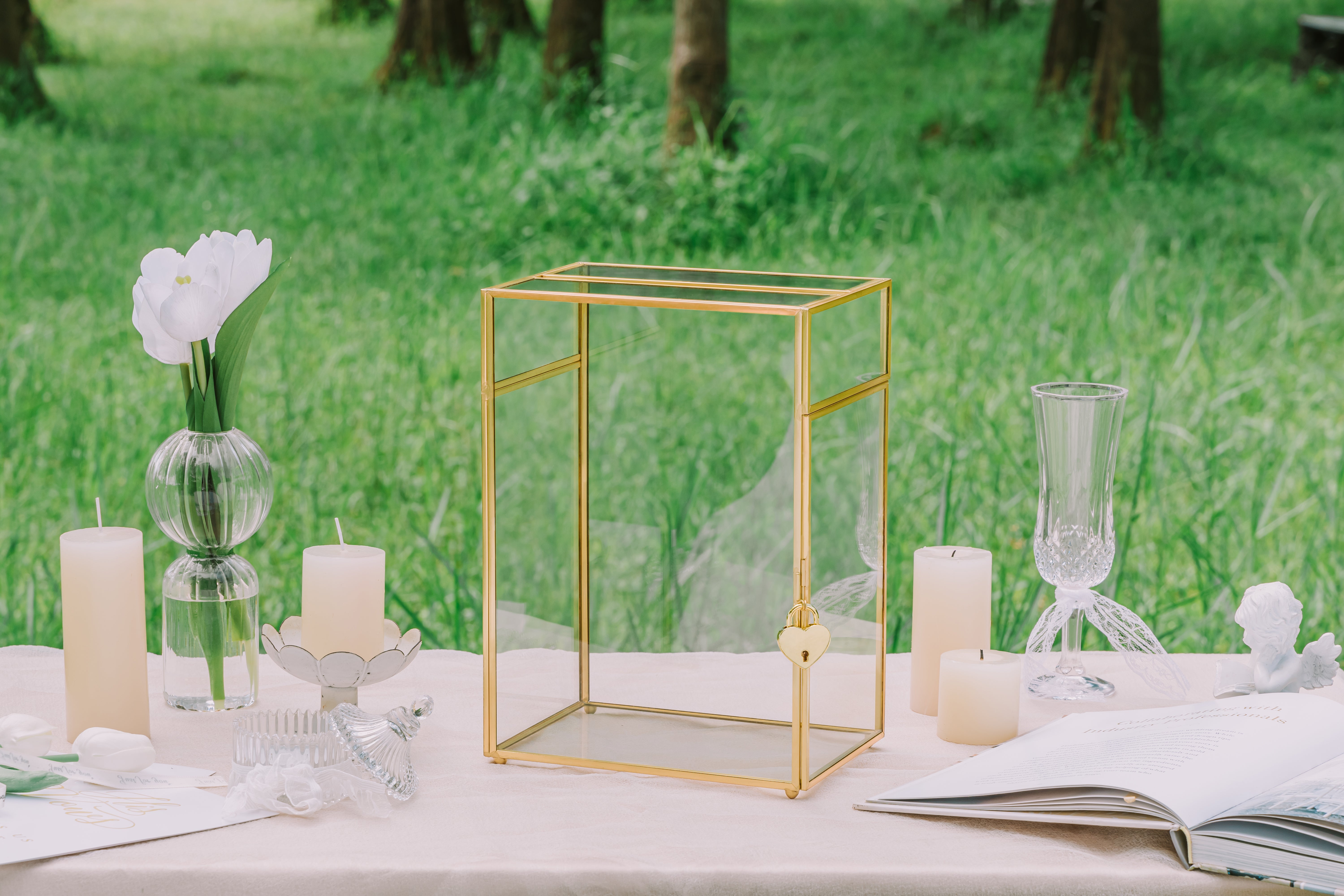 NCYP Glass Cards Box for Wedding Reception - Rectangle Glass Box with Slot and Lock for Money, Envelopes - Birthdays Party Tabletop Decor, 8" x 5.5" x 11.3" Gold, Clear (Card Box Only) - NCYPgarden