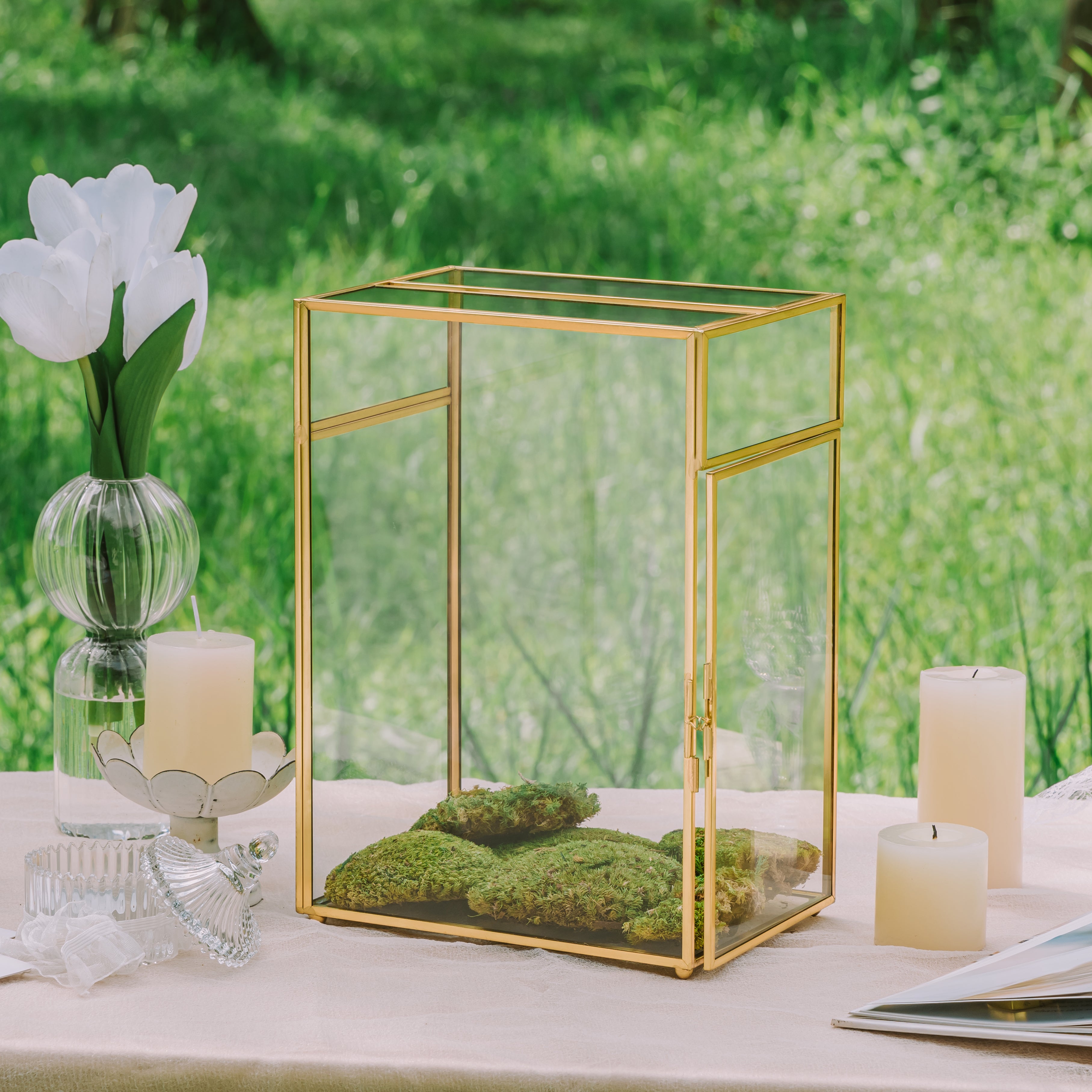 NCYP Glass Cards Box for Wedding Reception - Rectangle Glass Box with Slot and Lock for Money, Envelopes - Birthdays Party Tabletop Decor, 8" x 5.5" x 11.3" Gold, Clear (Card Box Only) - NCYPgarden