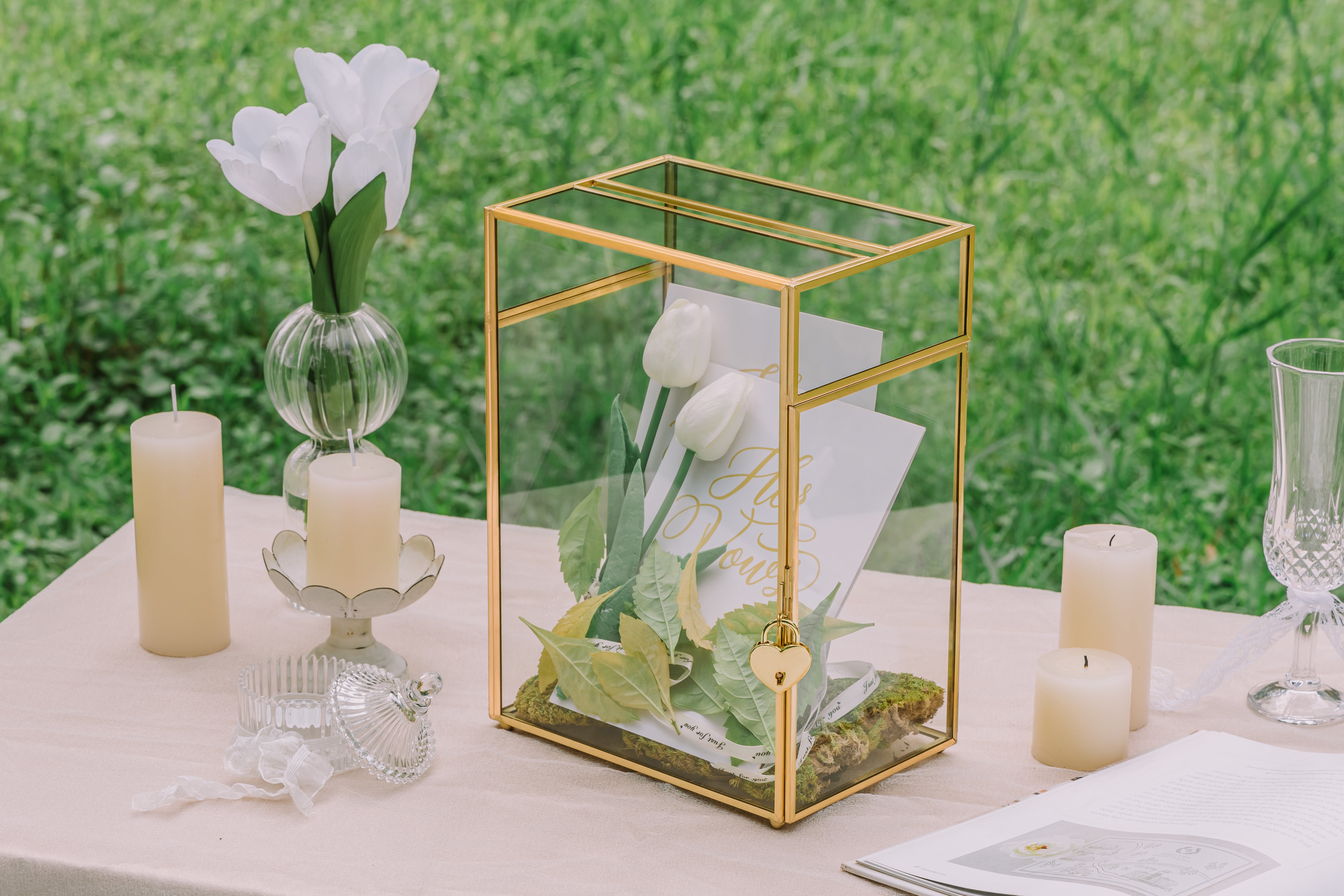 NCYP Glass Cards Box for Wedding Reception - Rectangle Glass Box with Slot and Lock for Money, Envelopes - Birthdays Party Tabletop Decor, 8" x 5.5" x 11.3" Gold, Clear (Card Box Only) - NCYPgarden