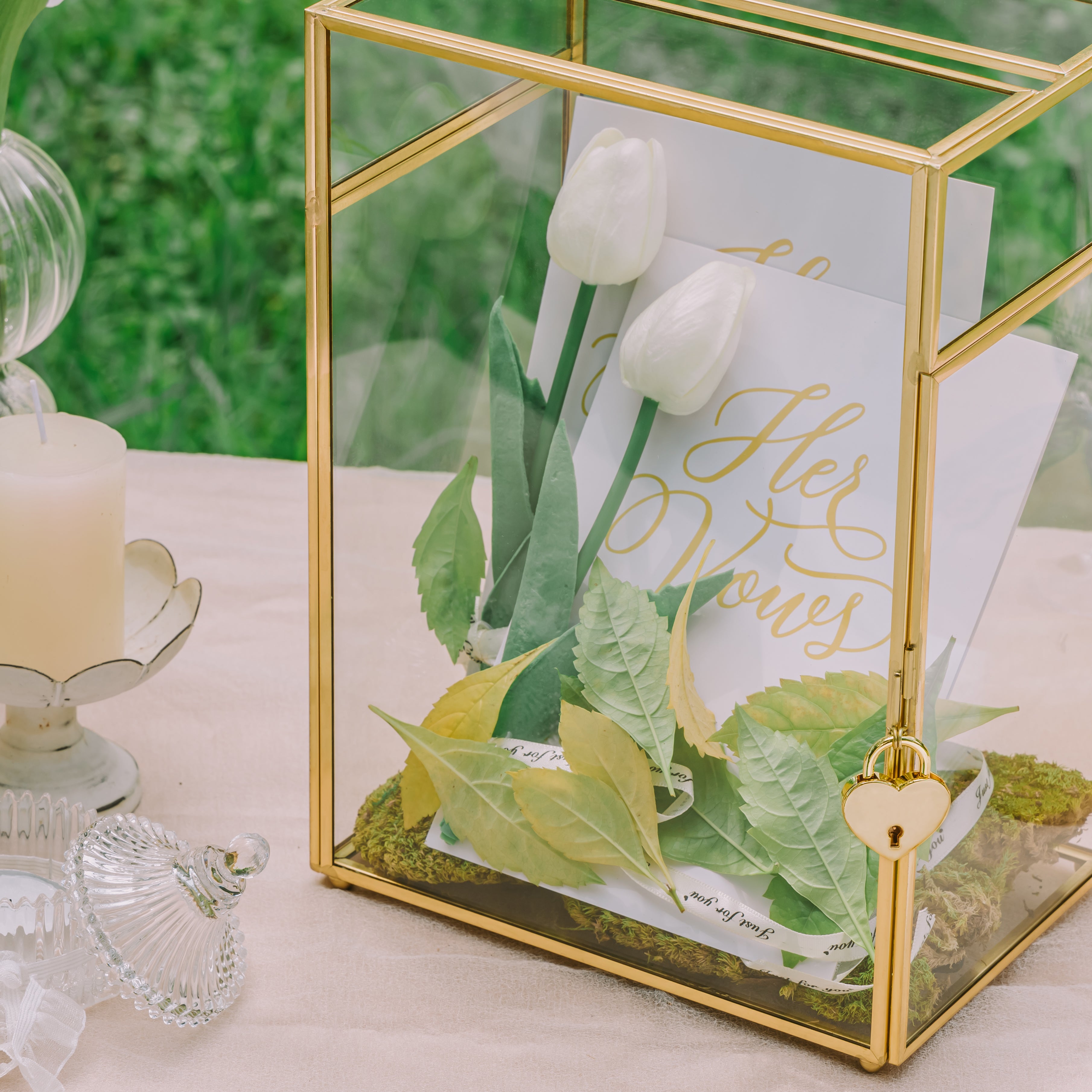 NCYP Glass Cards Box for Wedding Reception - Rectangle Glass Box with Slot and Lock for Money, Envelopes - Birthdays Party Tabletop Decor, 8" x 5.5" x 11.3" Gold, Clear (Card Box Only) - NCYPgarden