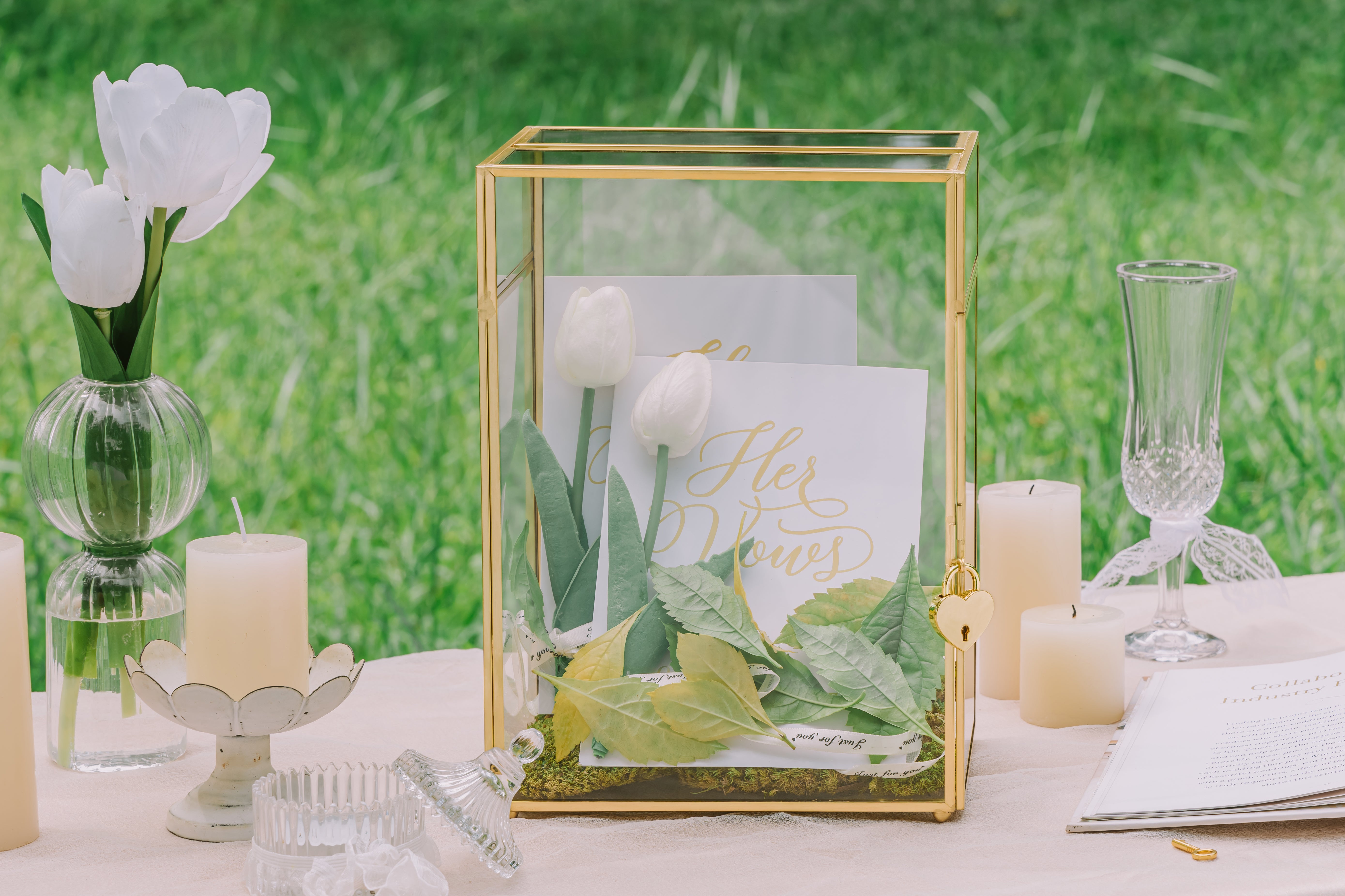 NCYP Glass Cards Box for Wedding Reception - Rectangle Glass Box with Slot and Lock for Money, Envelopes - Birthdays Party Tabletop Decor, 8" x 5.5" x 11.3" Gold, Clear (Card Box Only) - NCYPgarden