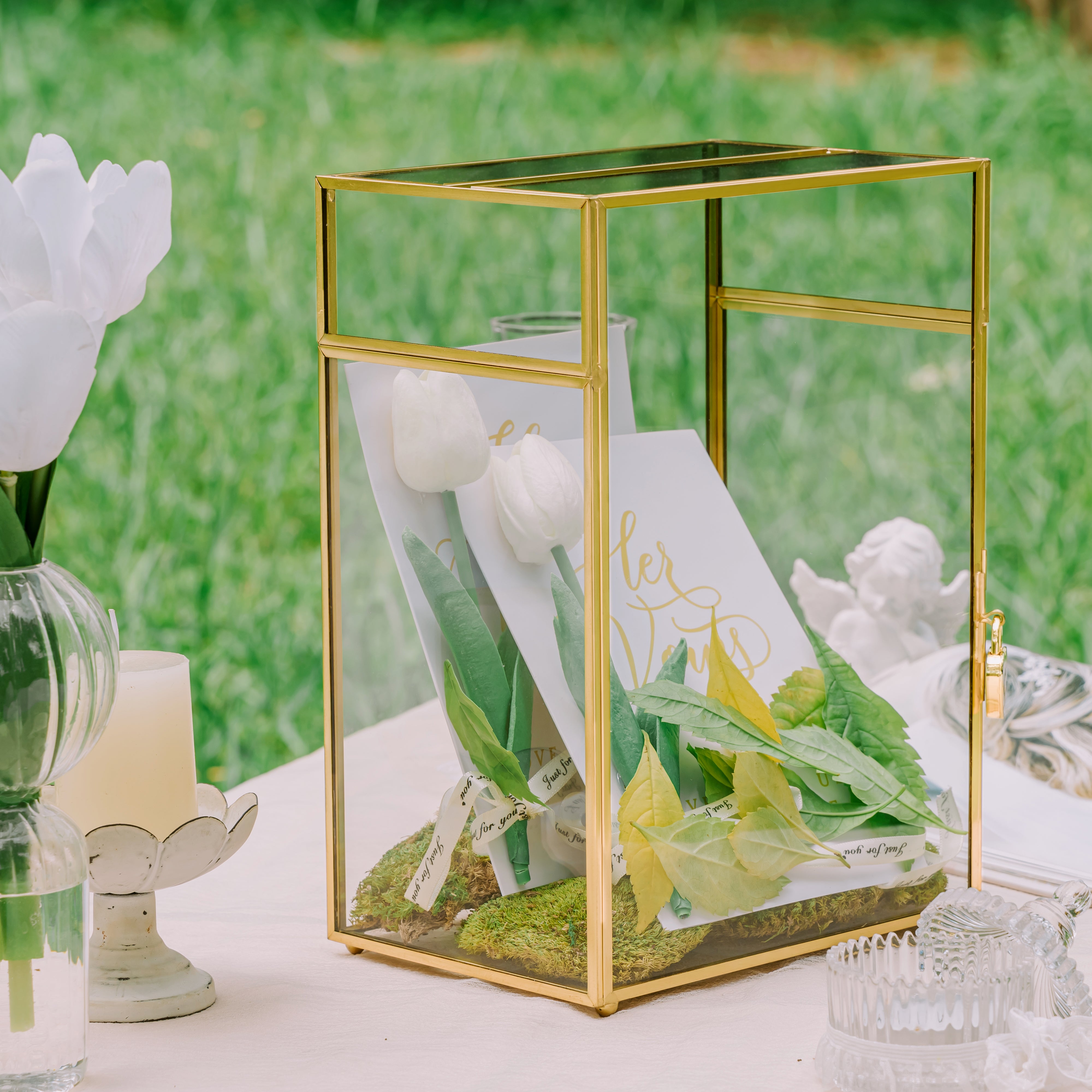 NCYP Glass Cards Box for Wedding Reception - Rectangle Glass Box with Slot and Lock for Money, Envelopes - Birthdays Party Tabletop Decor, 8" x 5.5" x 11.3" Gold, Clear (Card Box Only) - NCYPgarden