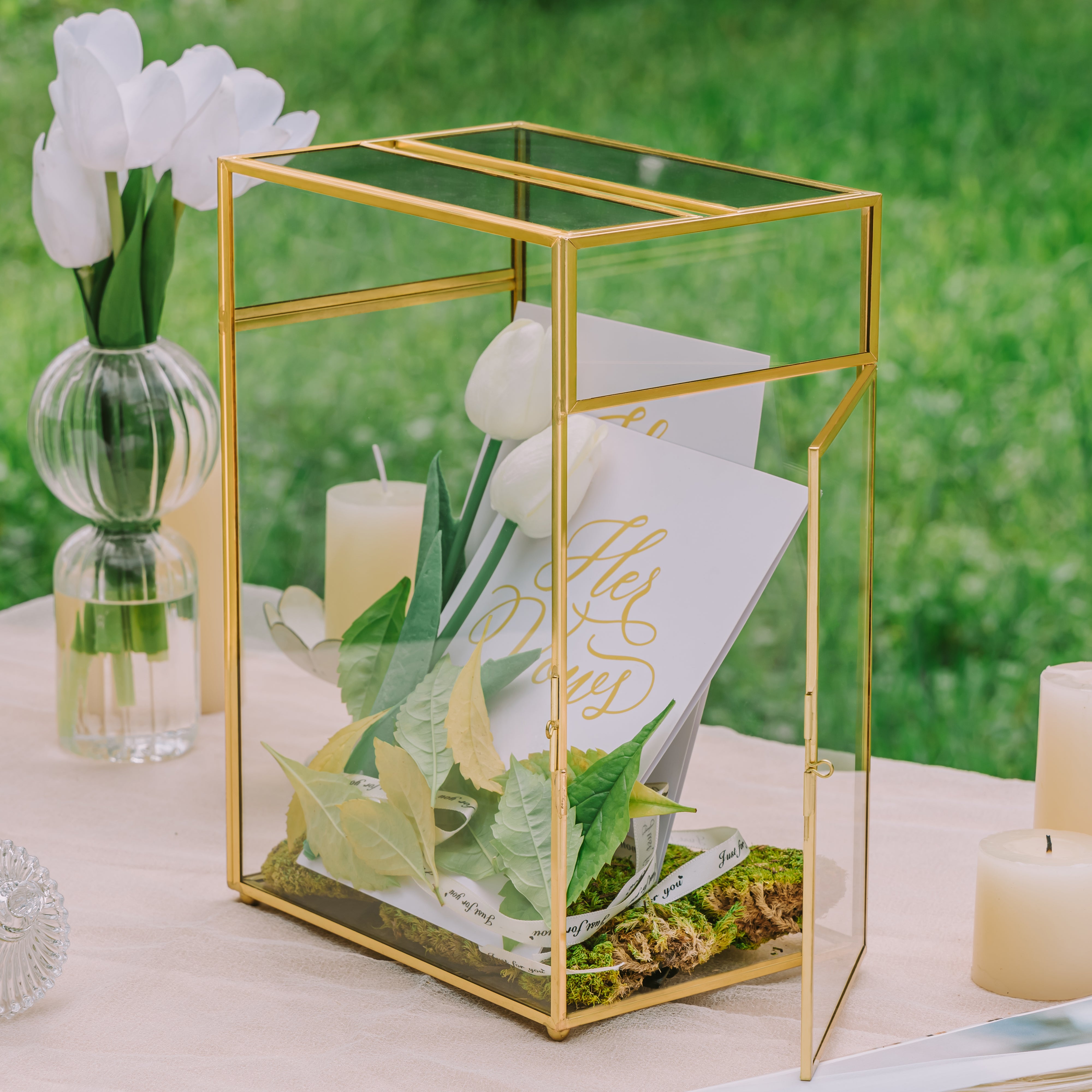 NCYP Glass Cards Box for Wedding Reception - Rectangle Glass Box with Slot and Lock for Money, Envelopes - Birthdays Party Tabletop Decor, 8" x 5.5" x 11.3" Gold, Clear (Card Box Only) - NCYPgarden