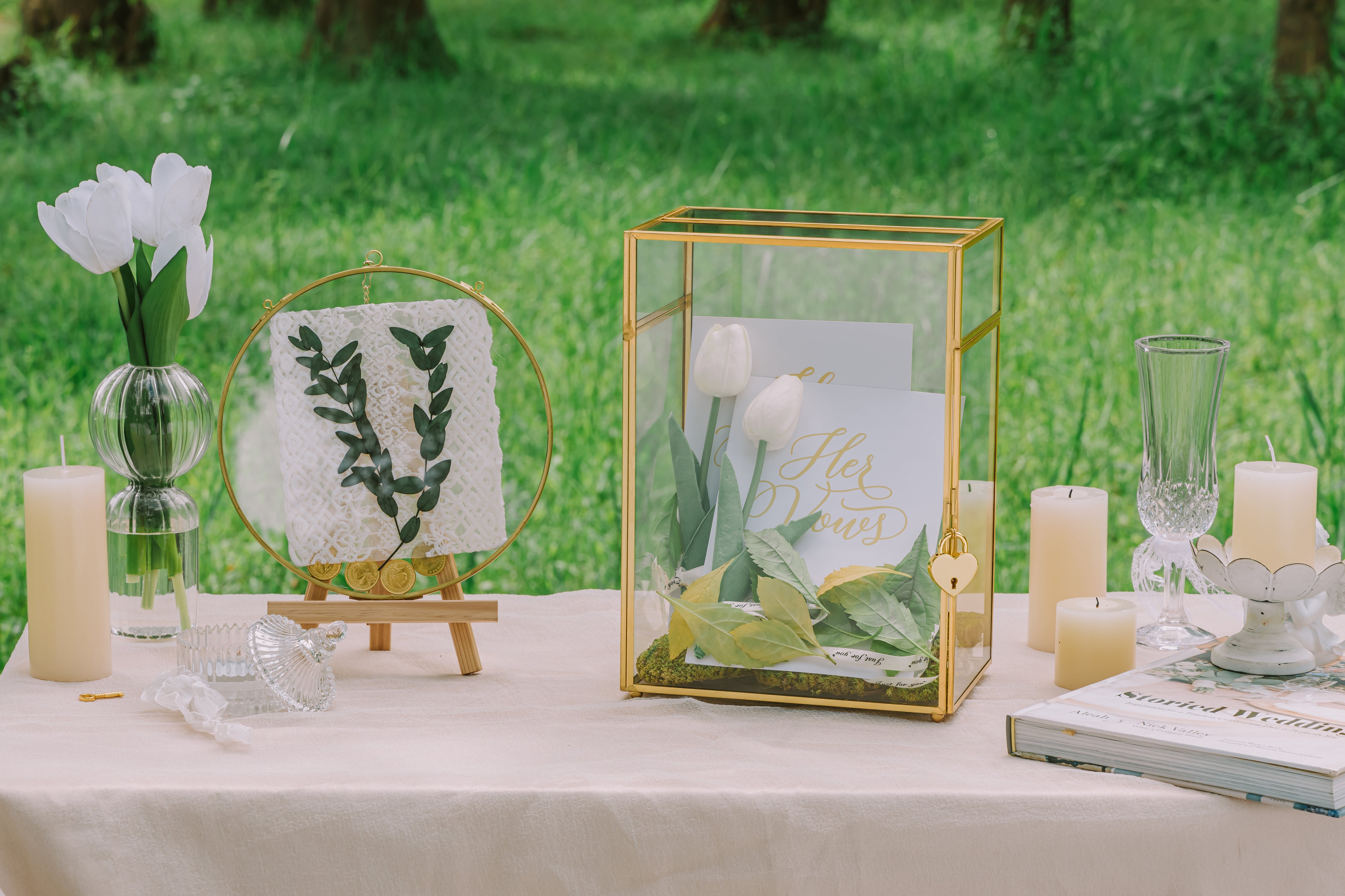 NCYP Glass Cards Box for Wedding Reception - Rectangle Glass Box with Slot and Lock for Money, Envelopes - Birthdays Party Tabletop Decor, 8" x 5.5" x 11.3" Gold, Clear (Card Box Only) - NCYPgarden