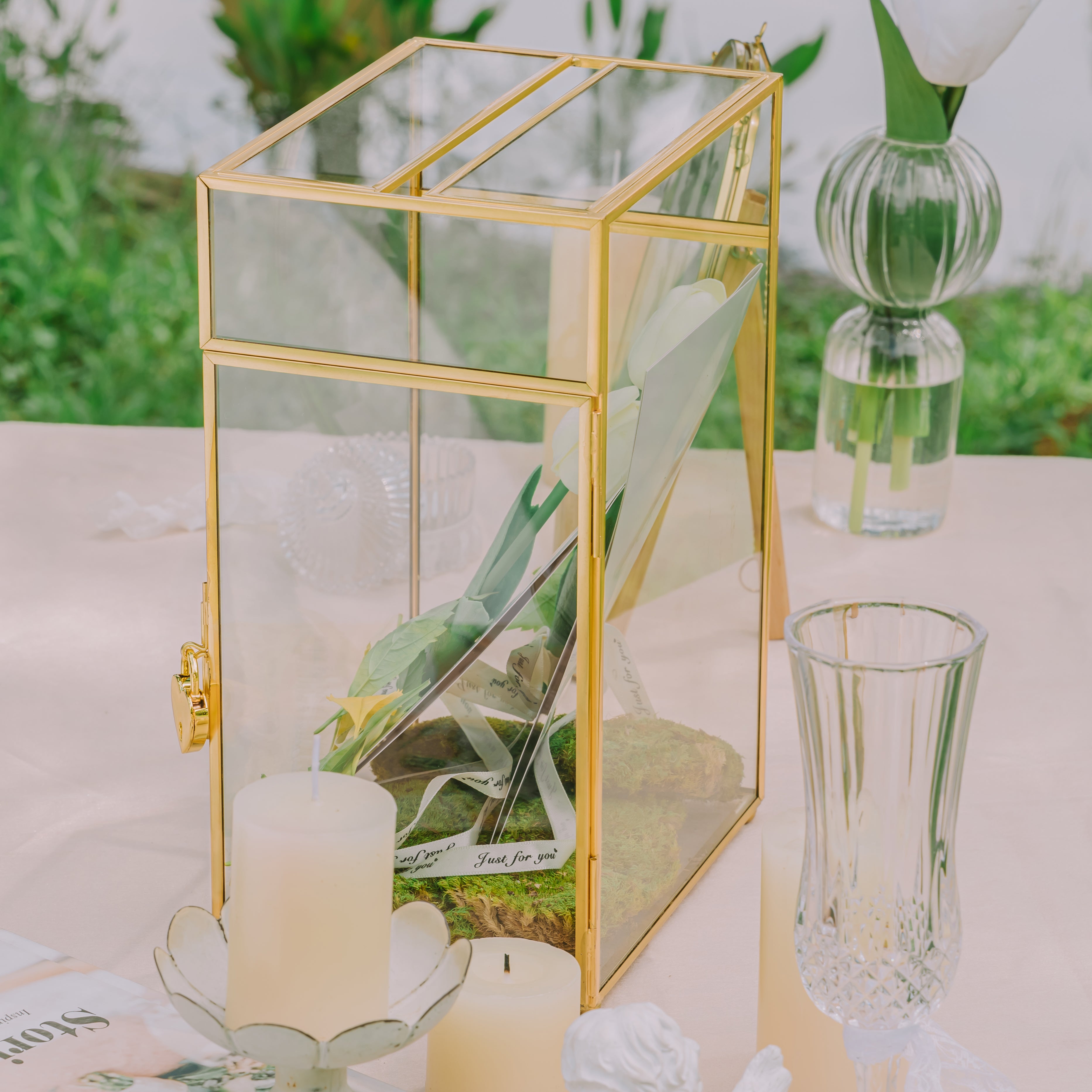 NCYP Glass Cards Box for Wedding Reception - Rectangle Glass Box with Slot and Lock for Money, Envelopes - Birthdays Party Tabletop Decor, 8" x 5.5" x 11.3" Gold, Clear (Card Box Only) - NCYPgarden