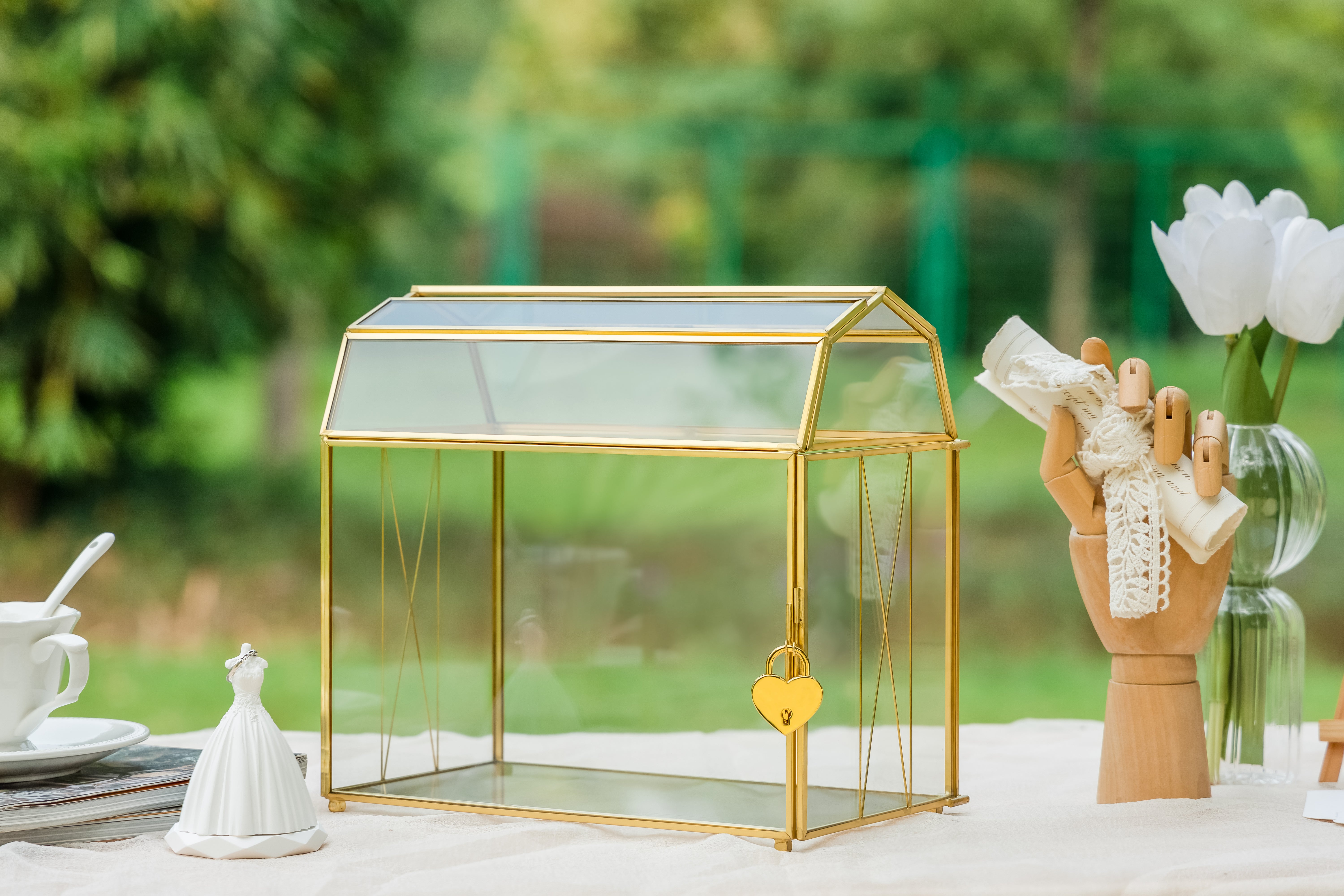 NCYP Gold Glass Cards Box with Slot and Lock for Wedding, Birthday Party - 10.2x5.6x9.3 Inches - Treasure Chest Shape, Clear Geometric Card Holder, Home Decor Glass Terrarium, Handmad (Glass Box Only) - NCYPgarden