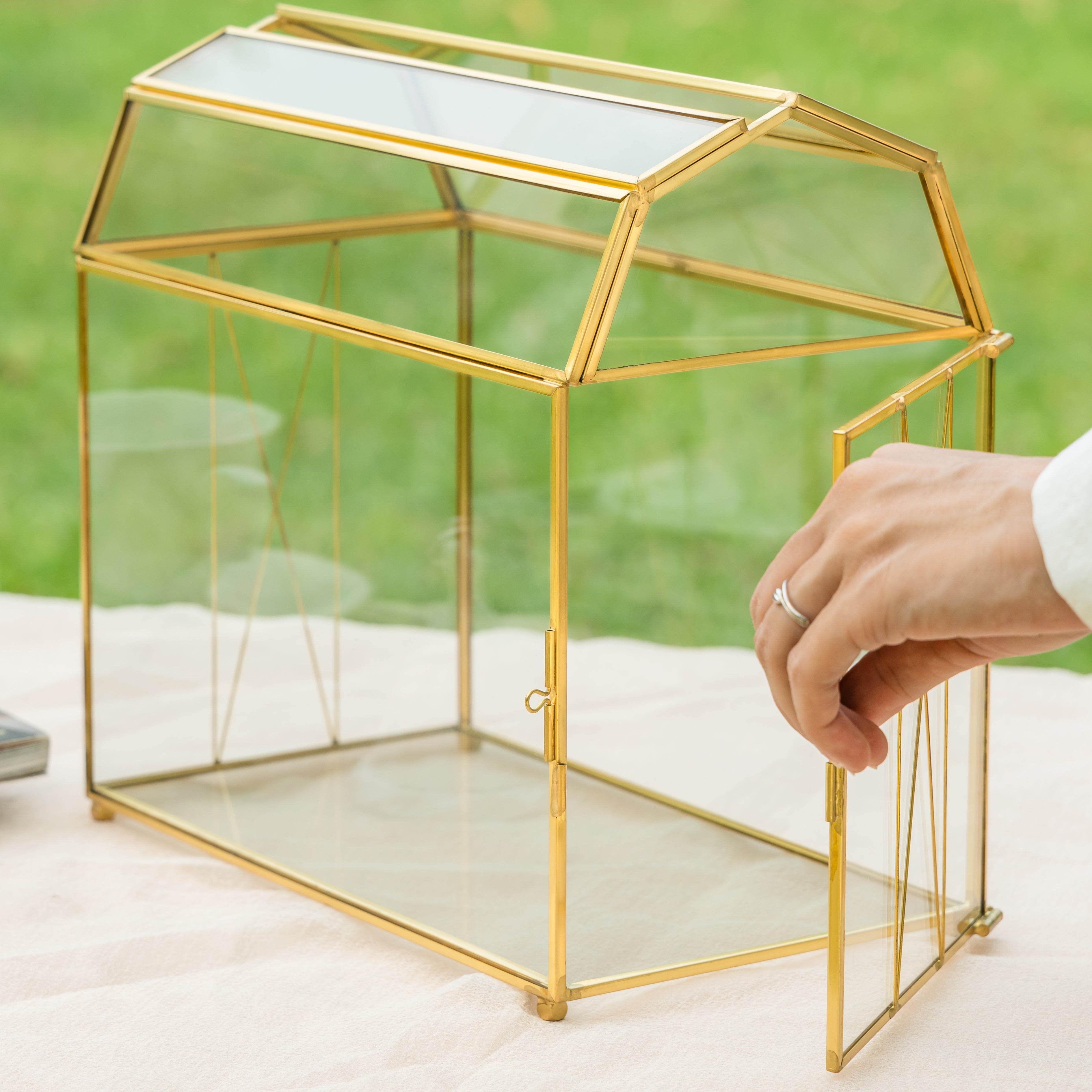 NCYP Gold Glass Cards Box with Slot and Lock for Wedding, Birthday Party - 10.2x5.6x9.3 Inches - Treasure Chest Shape, Clear Geometric Card Holder, Home Decor Glass Terrarium, Handmad (Glass Box Only) - NCYPgarden