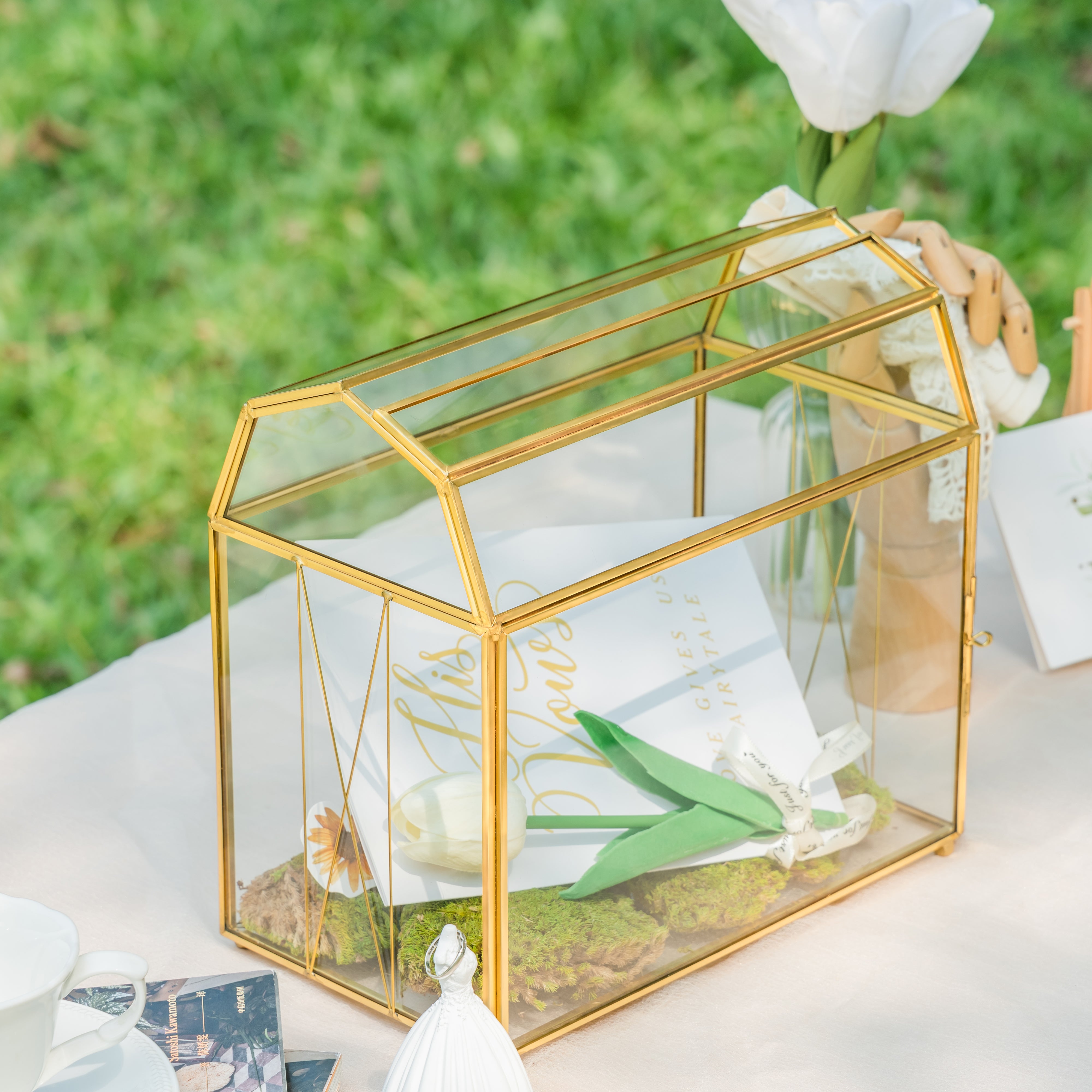 NCYP Gold Glass Cards Box with Slot and Lock for Wedding, Birthday Party - 10.2x5.6x9.3 Inches - Treasure Chest Shape, Clear Geometric Card Holder, Home Decor Glass Terrarium, Handmad (Glass Box Only) - NCYPgarden