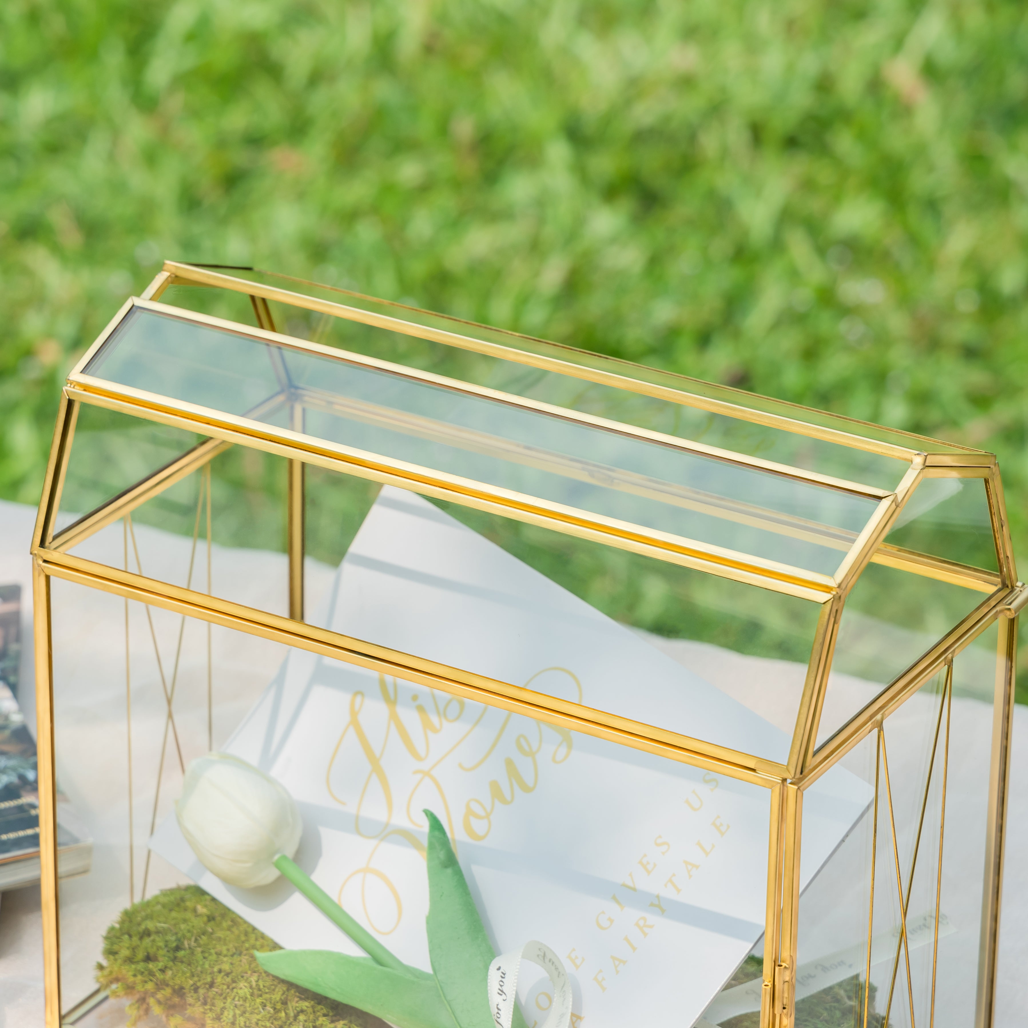 NCYP Gold Glass Cards Box with Slot and Lock for Wedding, Birthday Party - 10.2x5.6x9.3 Inches - Treasure Chest Shape, Clear Geometric Card Holder, Home Decor Glass Terrarium, Handmad (Glass Box Only) - NCYPgarden