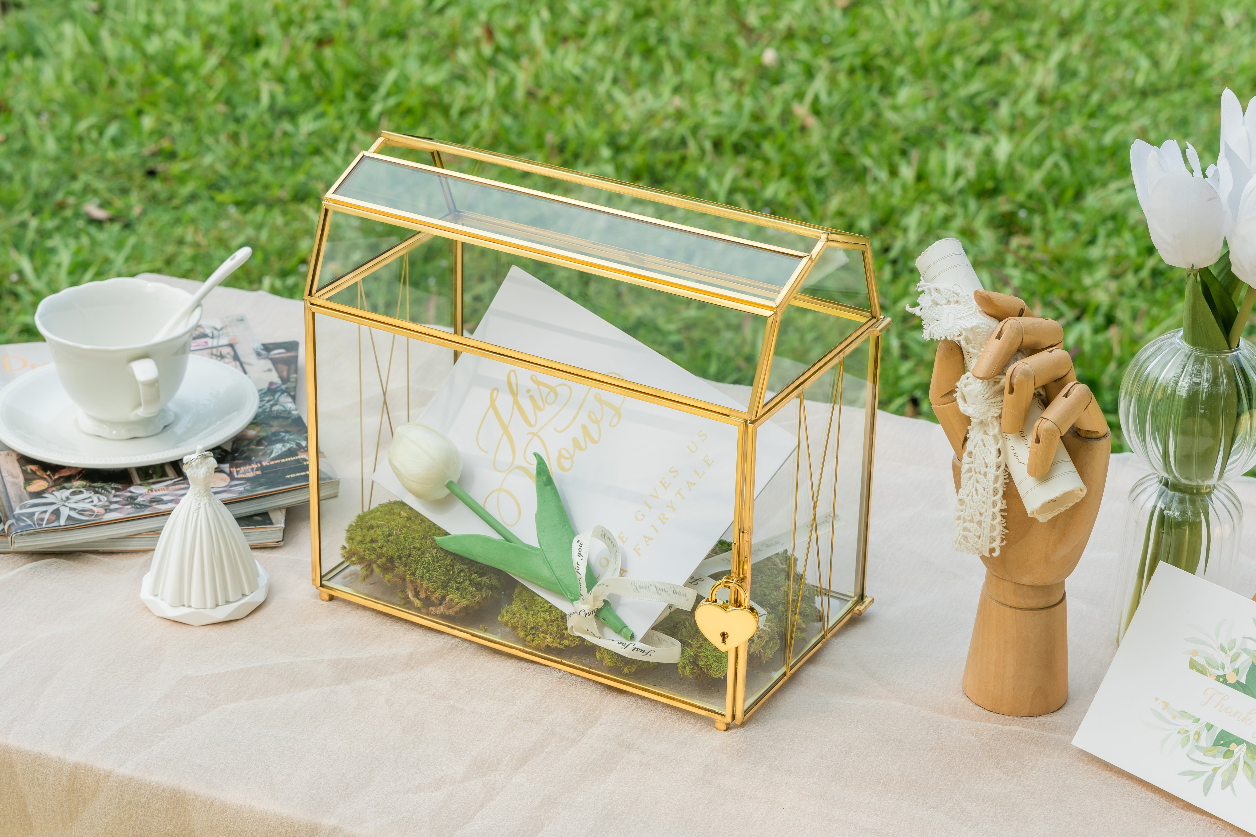 NCYP Gold Glass Cards Box with Slot and Lock for Wedding, Birthday Party - 10.2x5.6x9.3 Inches - Treasure Chest Shape, Clear Geometric Card Holder, Home Decor Glass Terrarium, Handmad (Glass Box Only) - NCYPgarden