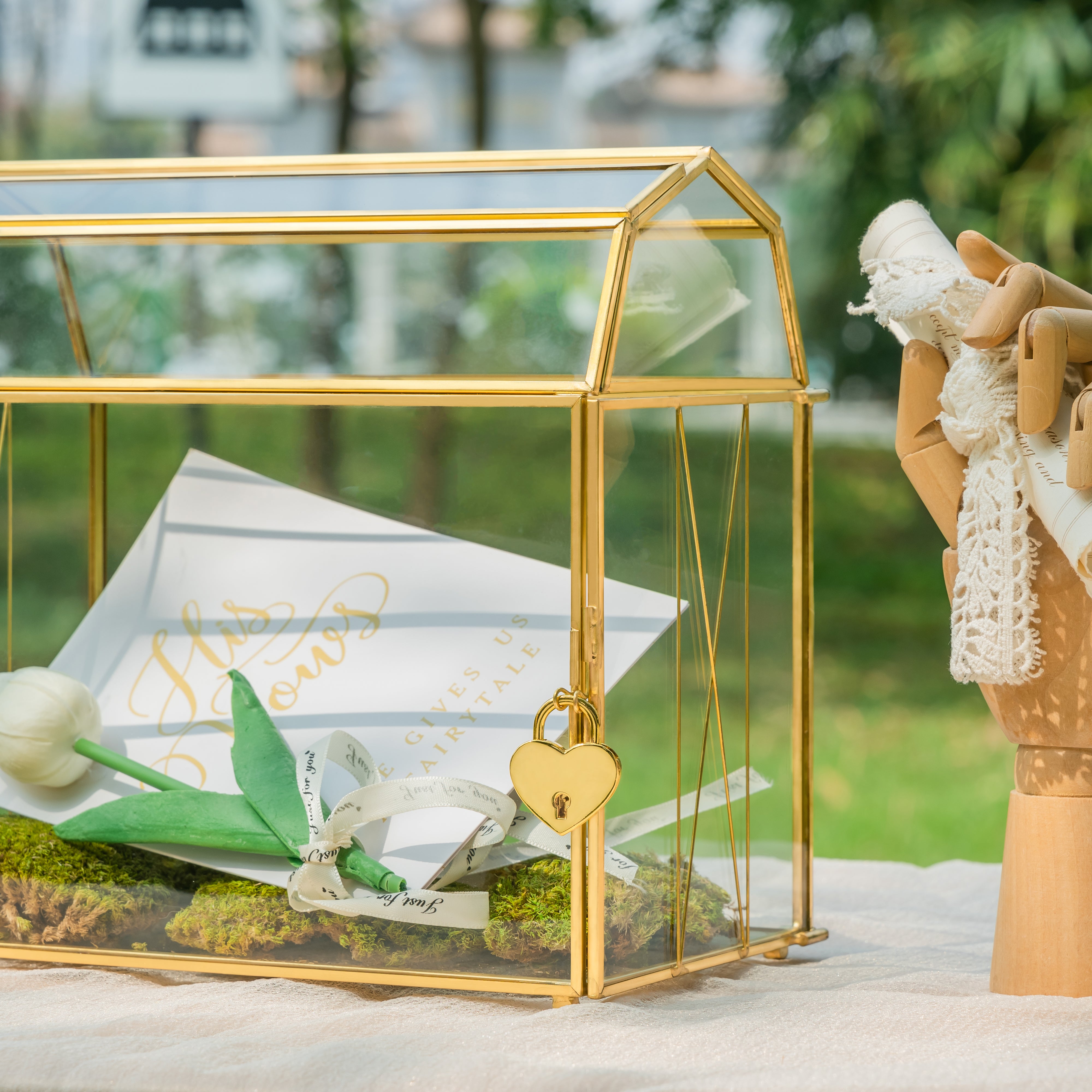 NCYP Gold Glass Cards Box with Slot and Lock for Wedding, Birthday Party - 10.2x5.6x9.3 Inches - Treasure Chest Shape, Clear Geometric Card Holder, Home Decor Glass Terrarium, Handmad (Glass Box Only) - NCYPgarden