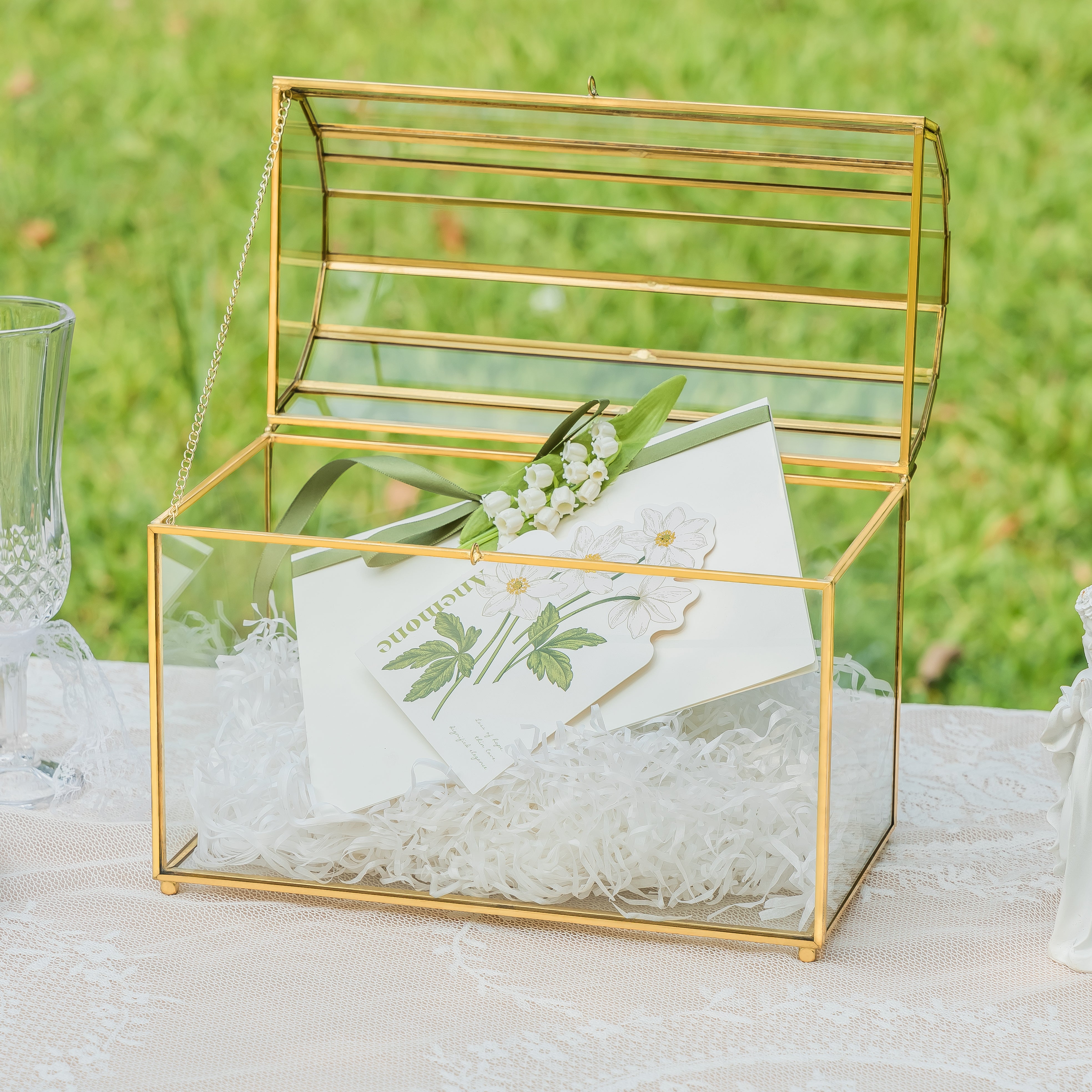 NCYP Wedding Card Box with Slot and Lock - 10.2x5.5x8.4 Inches - Gold Glass Envelope Box for Birthday Party Reception - Vintage, Arch-design, Centerpiece Decoration (Glass Box Only) - NCYPgarden