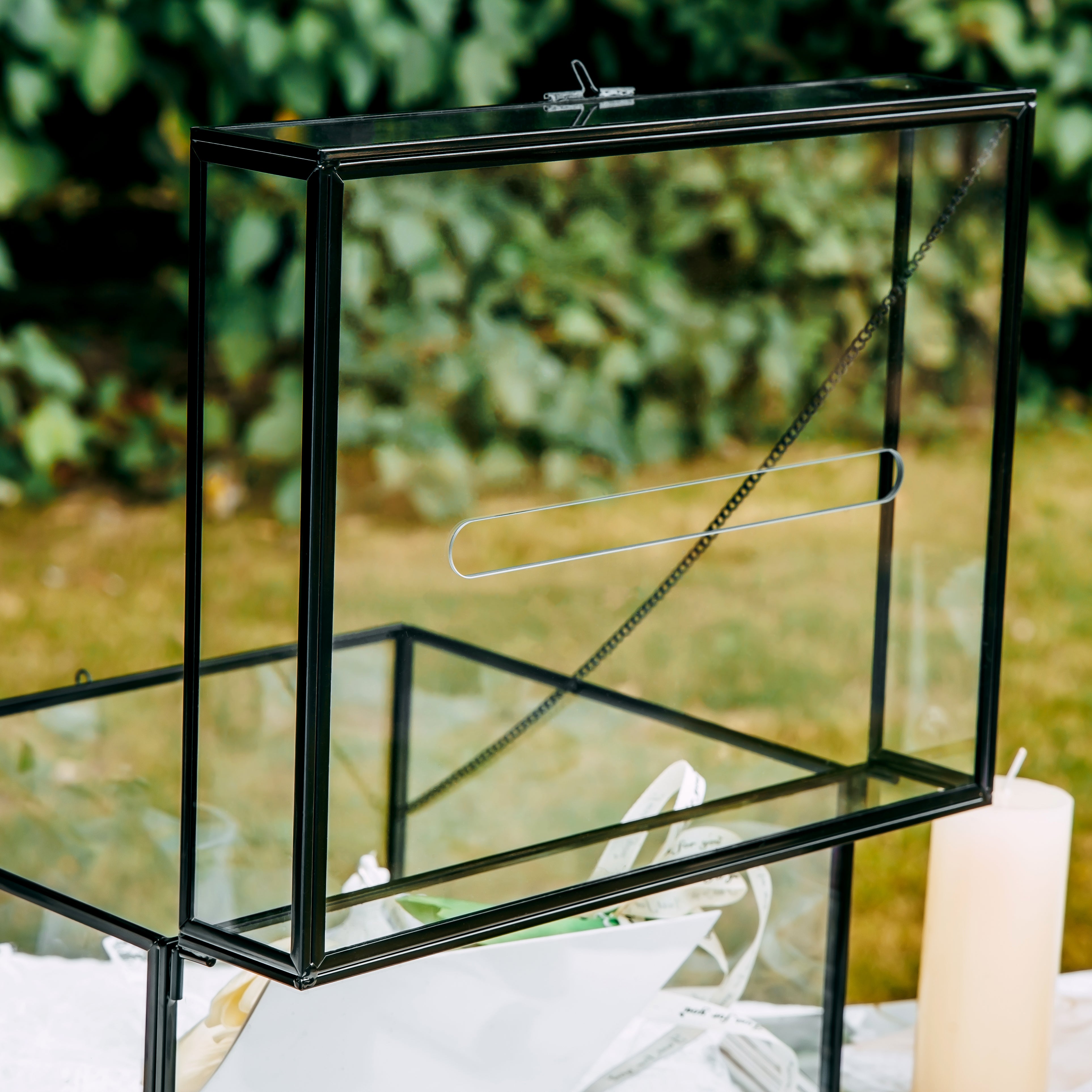 12"Large Black Foot Rectangle with Slot Lock Geometric Glass Card Box Keepsake Wedding Reception Envelope Holder Display Gift with Lid - NCYPgarden