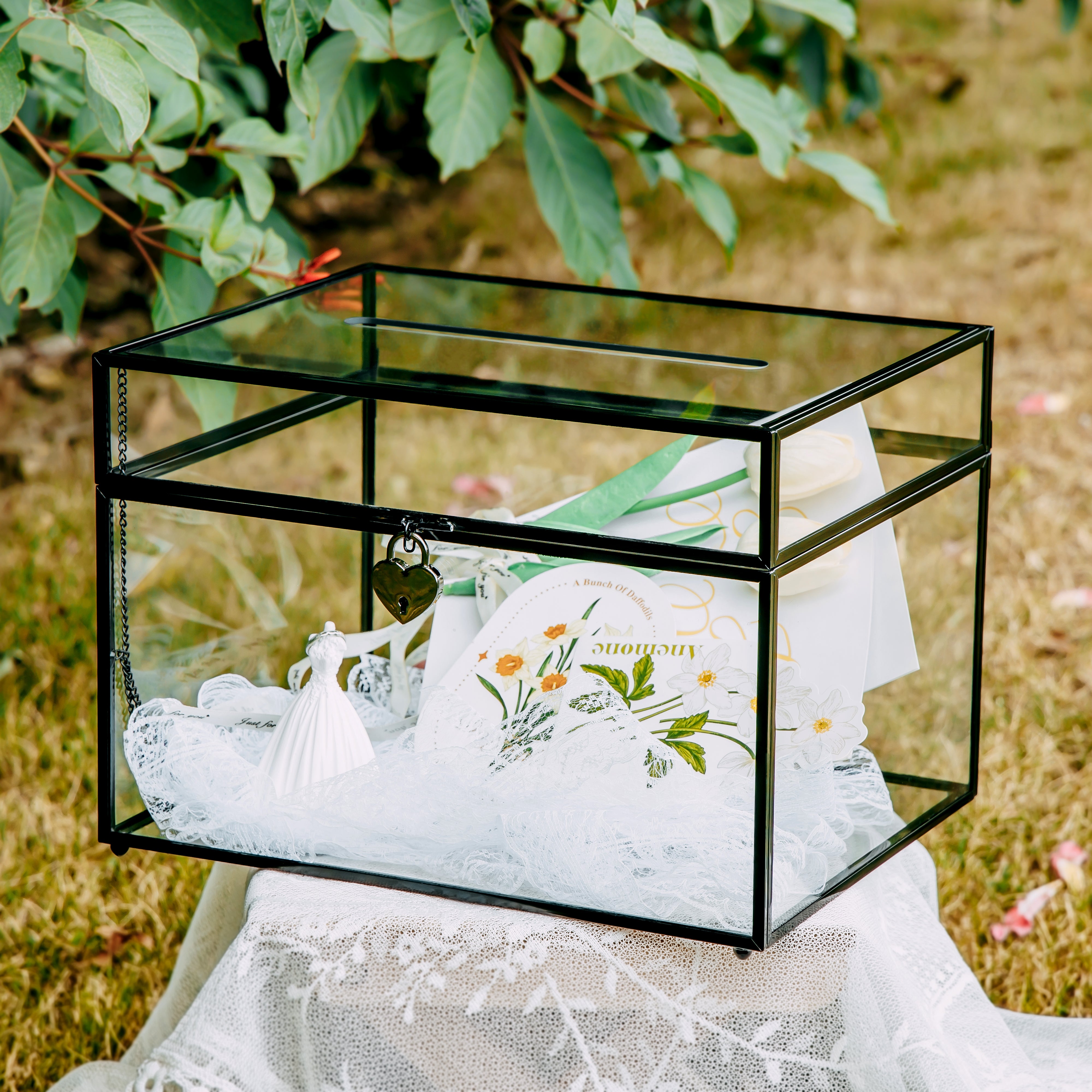 12"Large Black Foot Rectangle with Slot Lock Geometric Glass Card Box Keepsake Wedding Reception Envelope Holder Display Gift with Lid - NCYPgarden