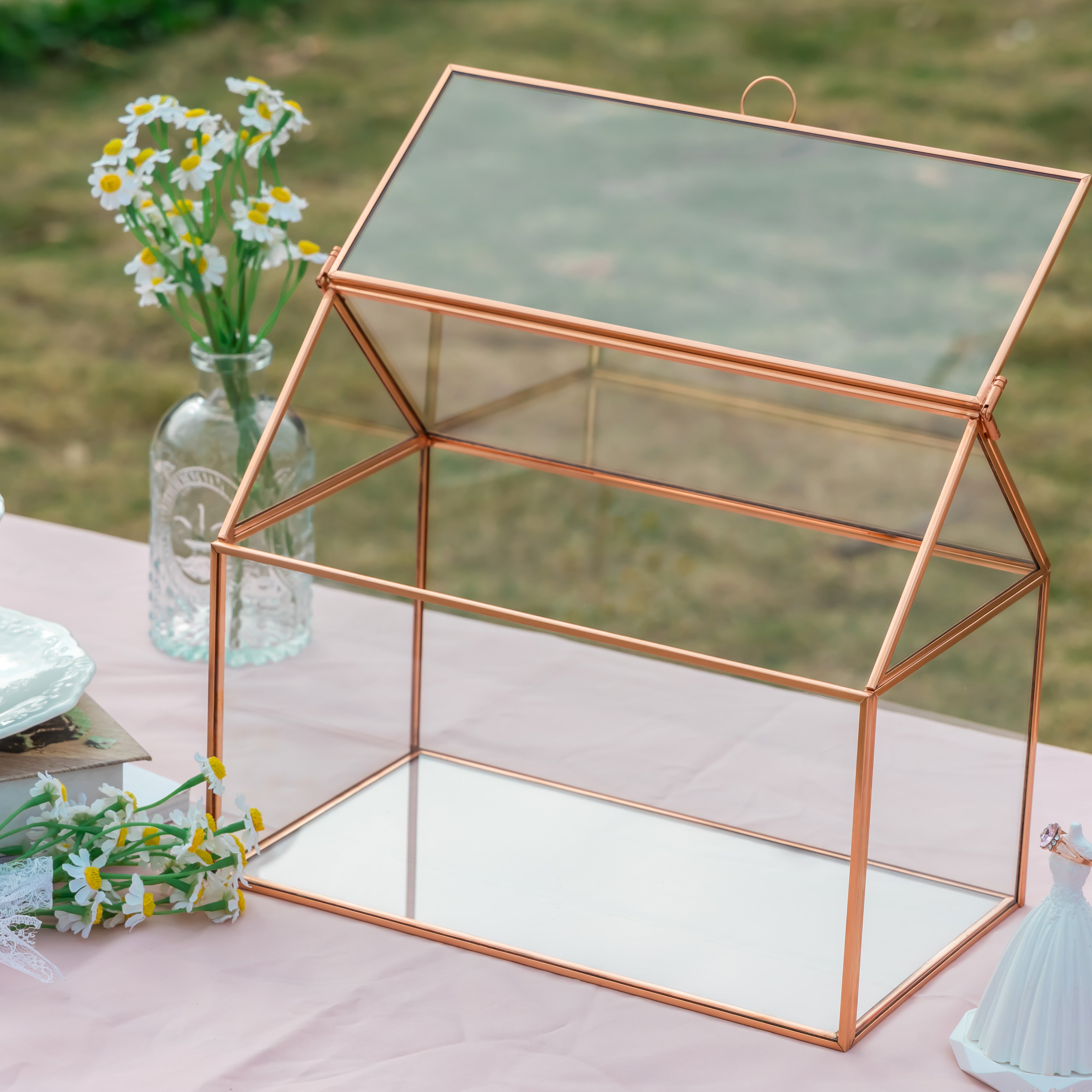 Geometric Glass Card Box Terrarium, Rose Gold, Pink House Shape Handmade, Pure Copper,for Wedding Reception, Wishwell, Keepsake Centerpiece - NCYPgarden