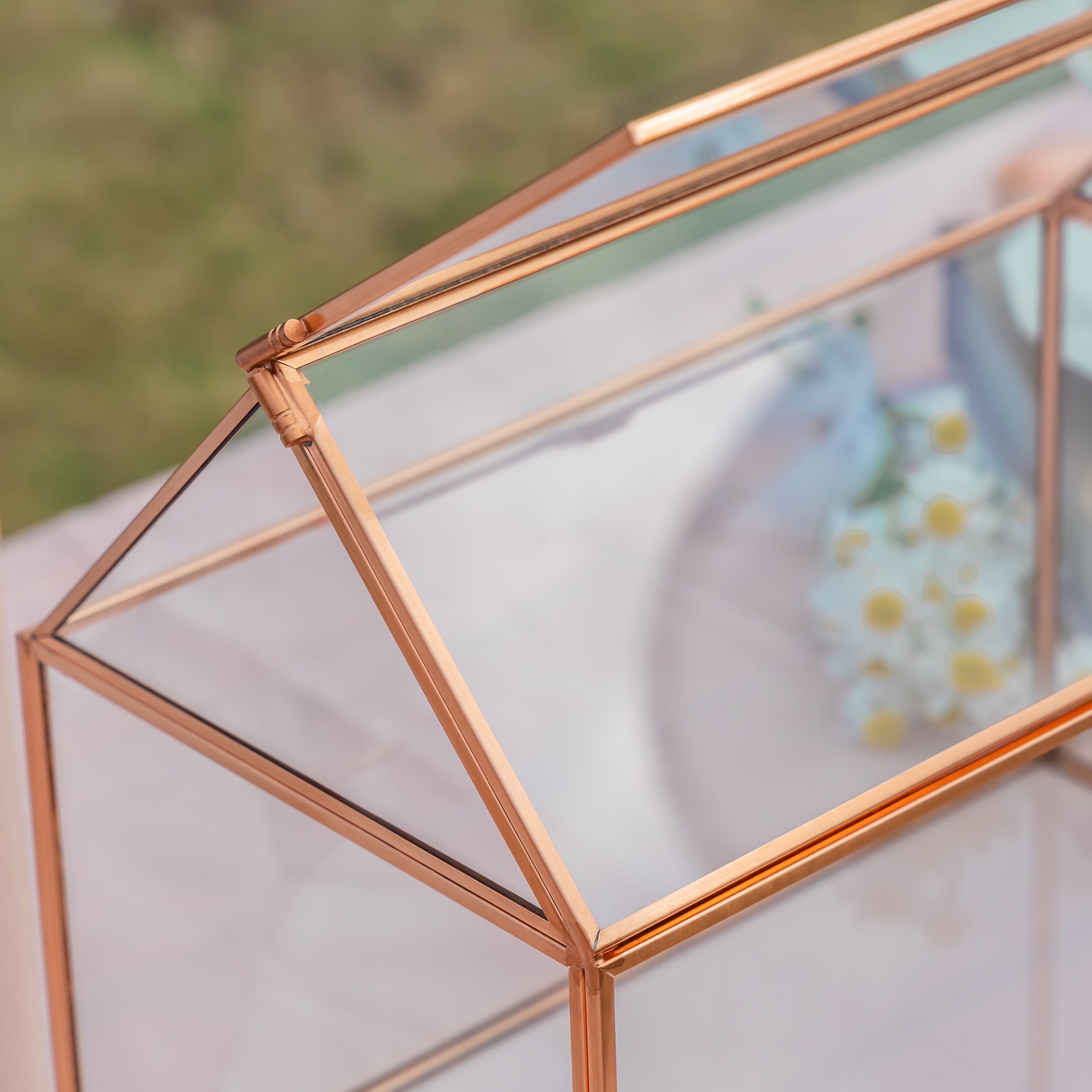 Geometric Glass Card Box Terrarium, Rose Gold, Pink House Shape Handmade, Pure Copper,for Wedding Reception, Wishwell, Keepsake Centerpiece - NCYPgarden