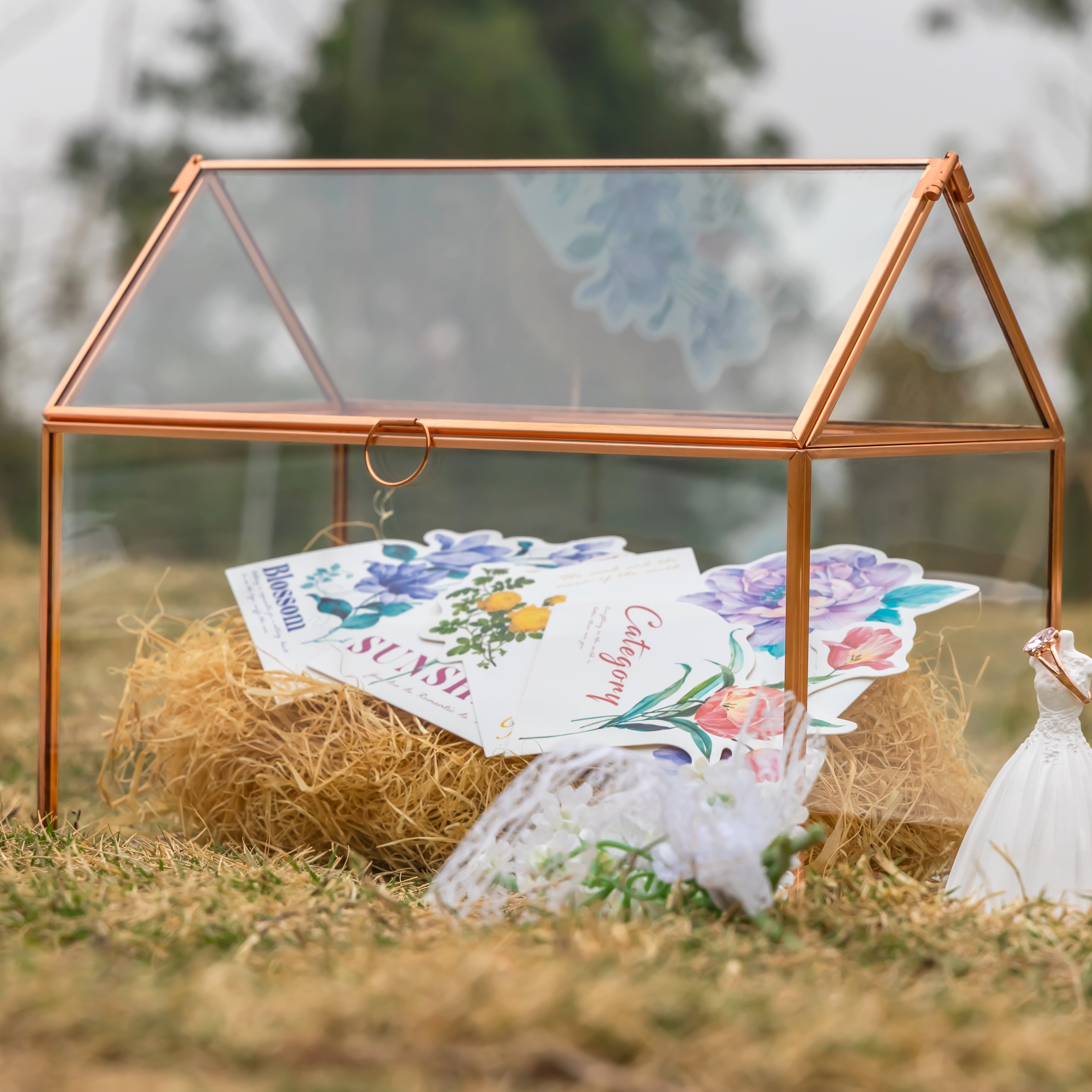 Geometric Glass Card Box Terrarium, Rose Gold, Pink House Shape Handmade, Pure Copper,for Wedding Reception, Wishwell, Keepsake Centerpiece - NCYPgarden