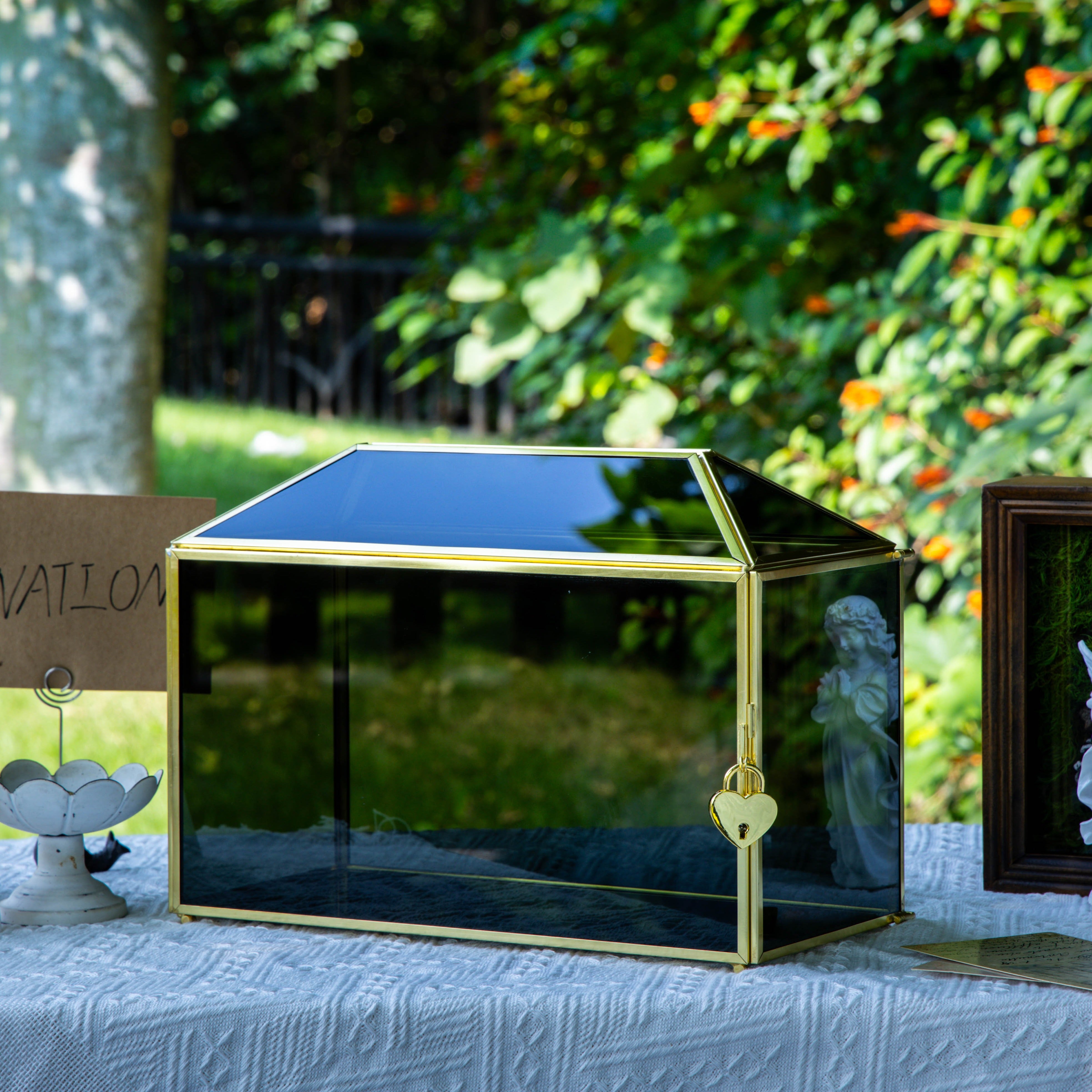 Handmade Black and Gold Large Geometric Glass Donation Box Terrarium with Slot and Lock - NCYPgarden