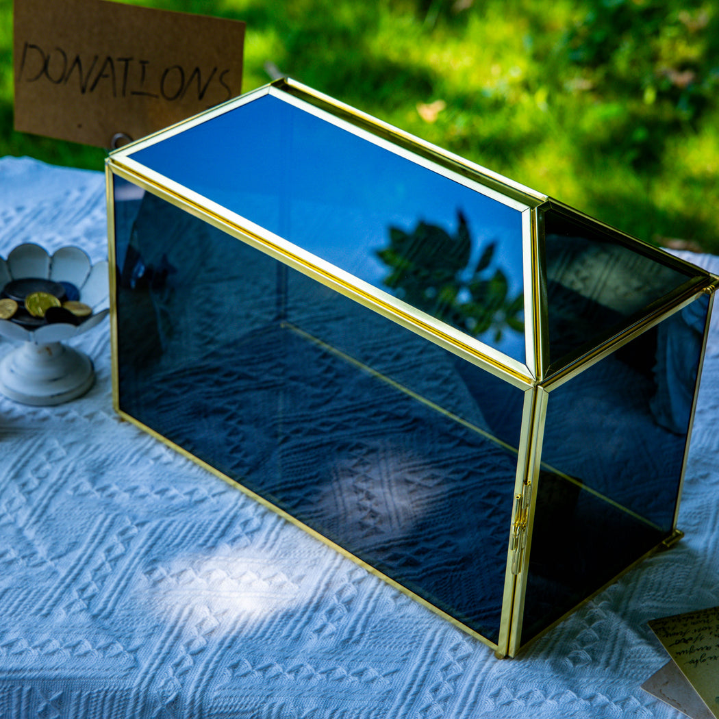 Handmade Black and Gold Large Geometric Glass Donation Box Terrarium with Slot and Lock - NCYPgarden
