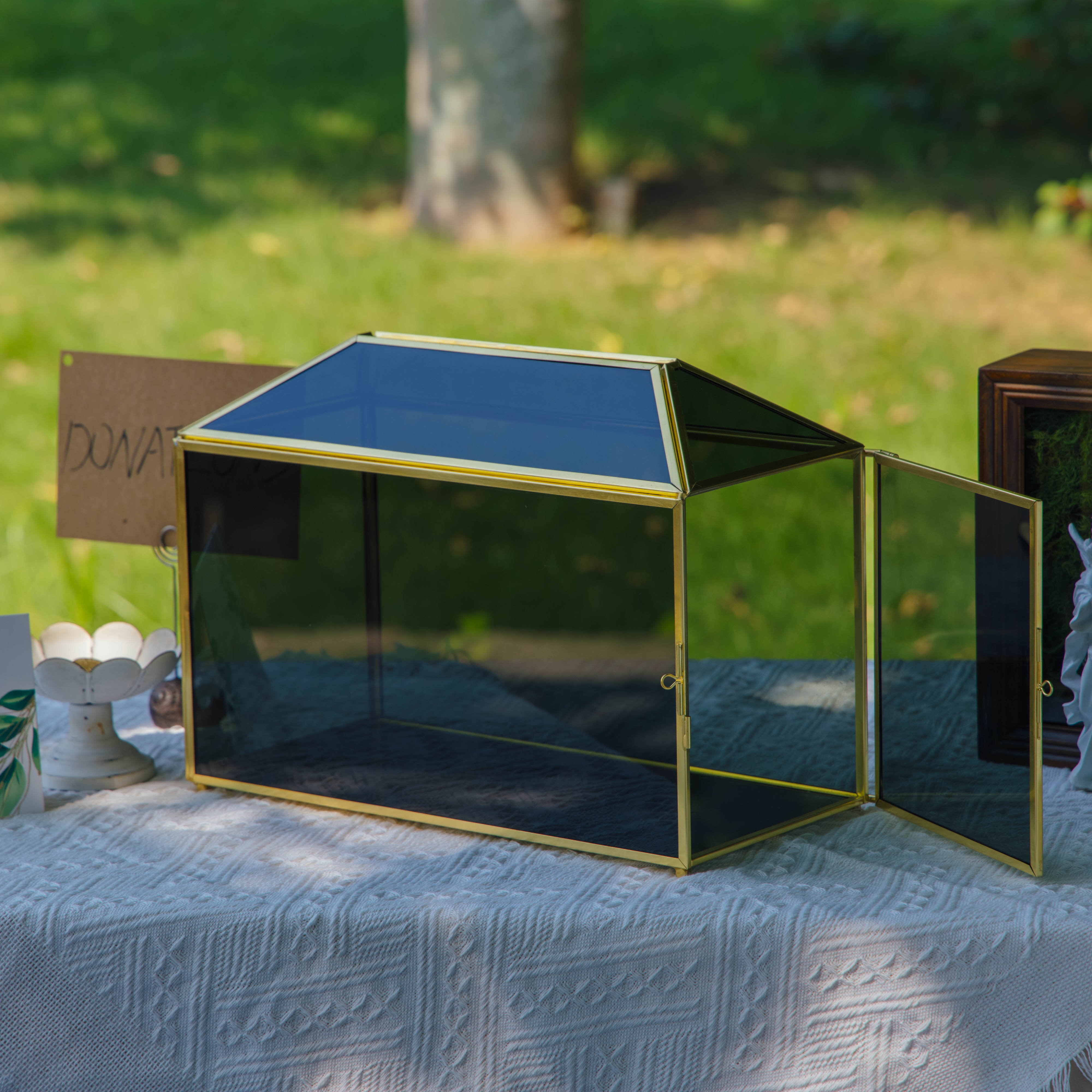 Handmade Black and Gold Large Geometric Glass Donation Box Terrarium with Slot and Lock - NCYPgarden